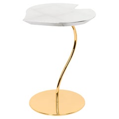Small Table Leaf Wood, Silver Leaf Top, Metal Base 24KT Gold Finish, Italy