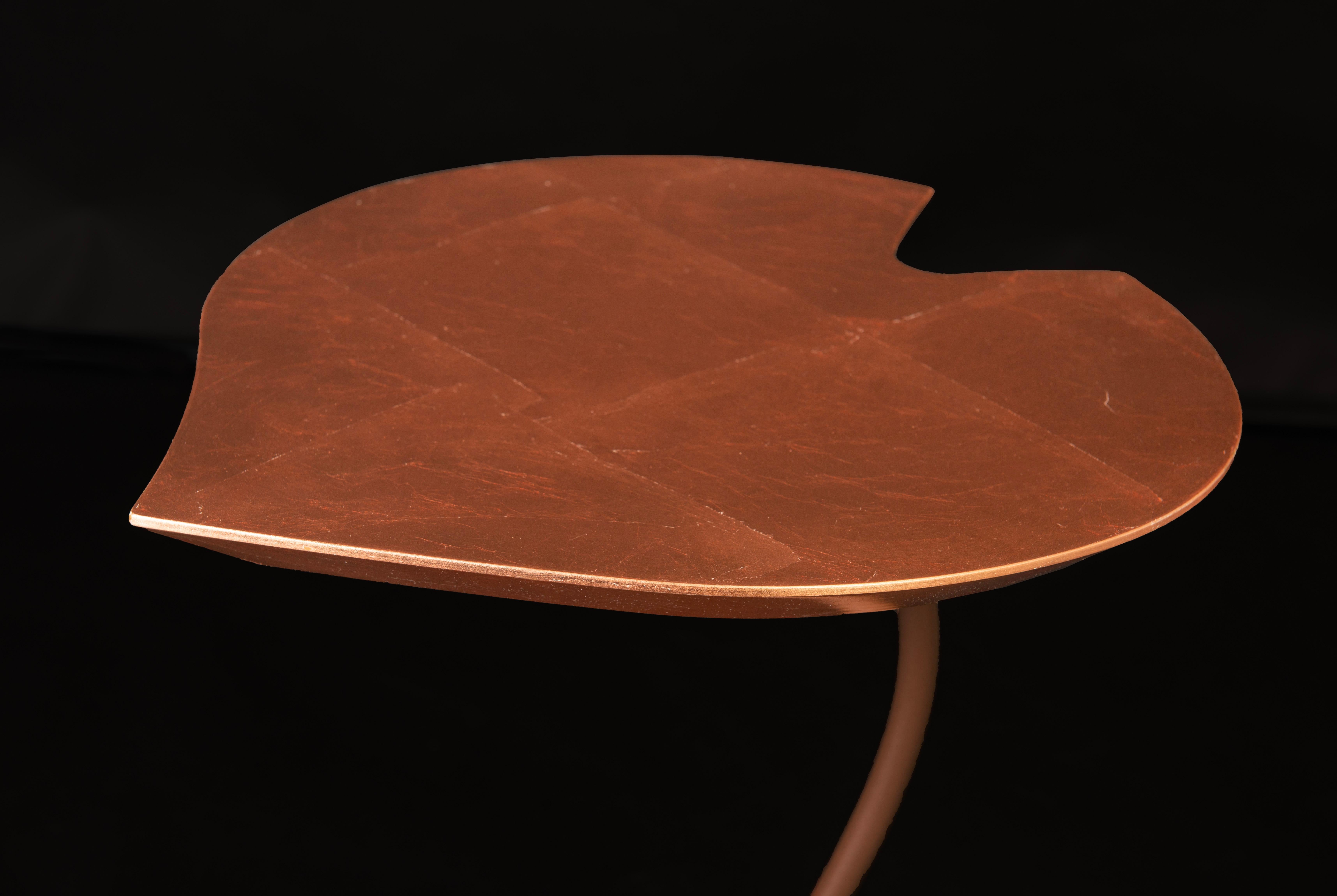 Italian Small Table Leaf Wood, Top in Copper Leaf, Base in Metal Corten Finish, Italy For Sale