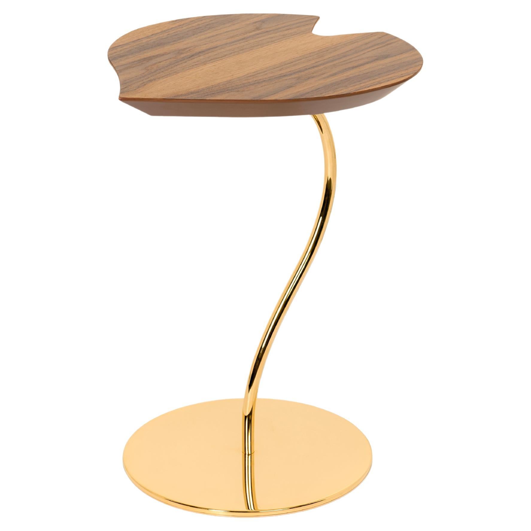 Small Table Leaf Wood, Walnut Canaletto Top, Metal Base 24KT Gold Finish, Italy For Sale