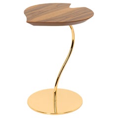 Small Table Leaf Wood, Walnut Canaletto Top, Metal Base 24KT Gold Finish, Italy