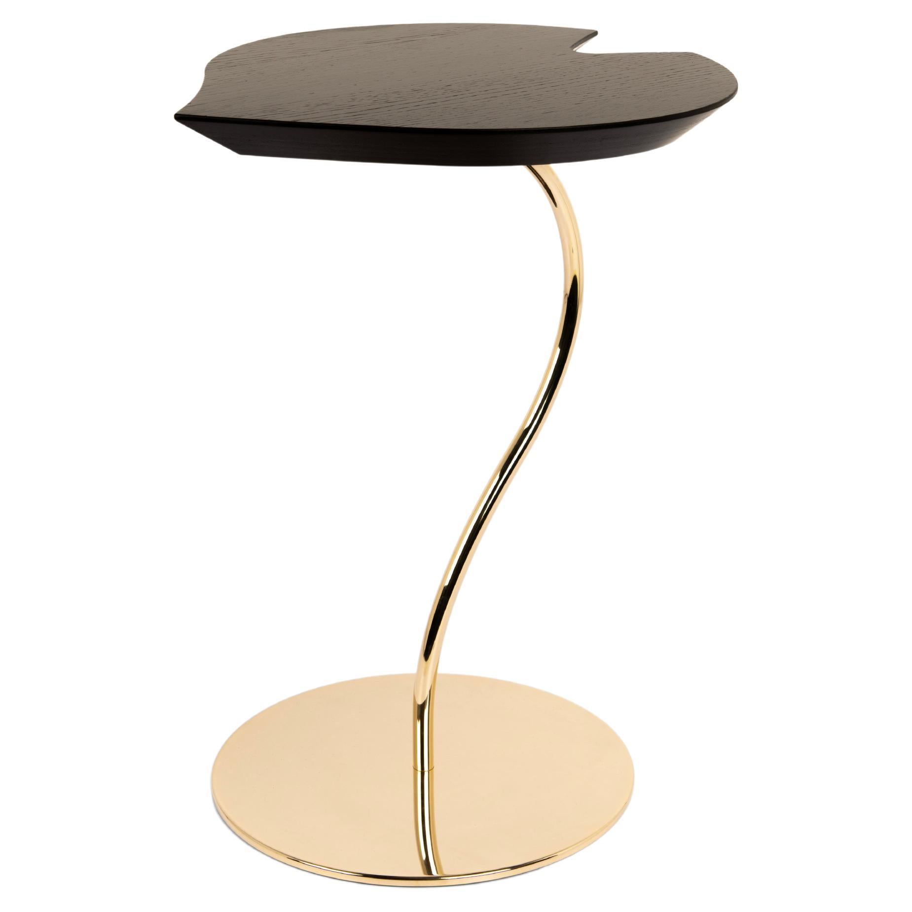 Small Table Leaf Wood, Wengé Oak Top, Metal Base 24KT Gold Finish, Italy For Sale