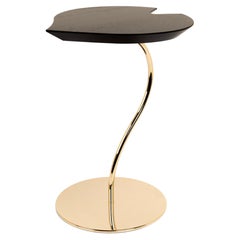 Small Table Leaf Wood, Wengé Oak Top, Metal Base 24KT Gold Finish, Italy