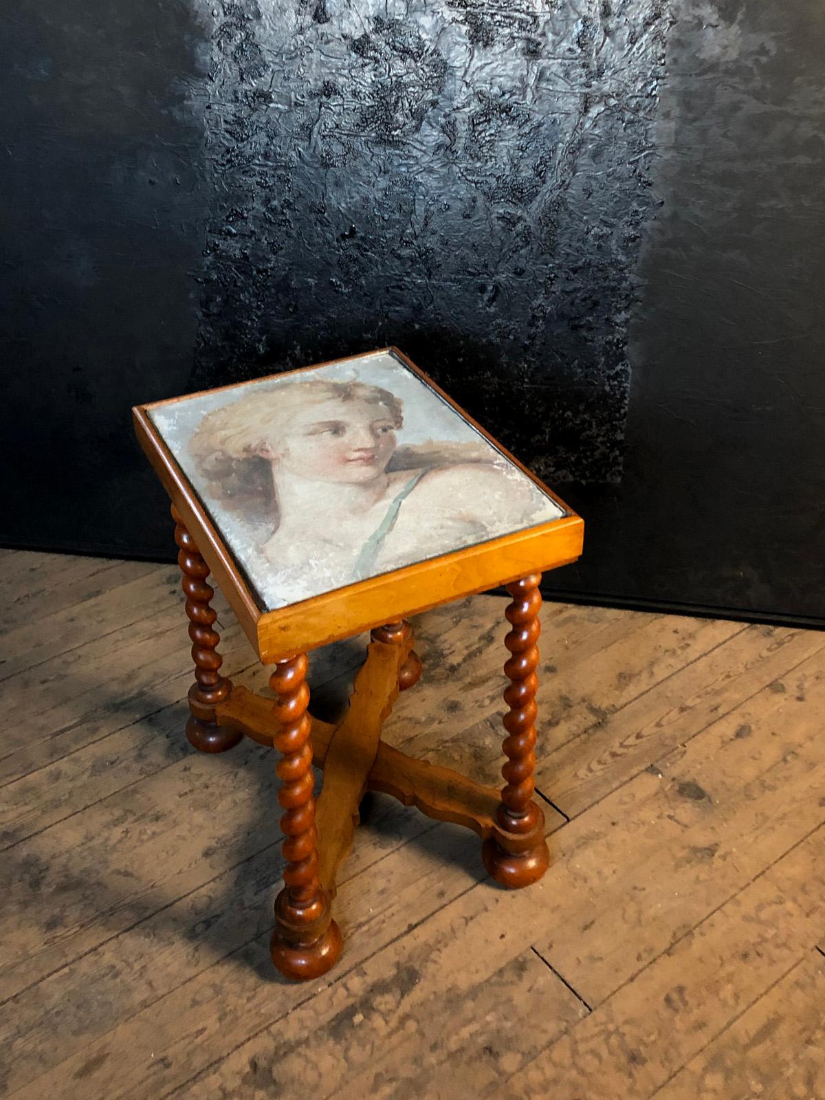 Painted Small Table, the Top Inset with 17th Century Italian Fresco-Fragment of Diana For Sale