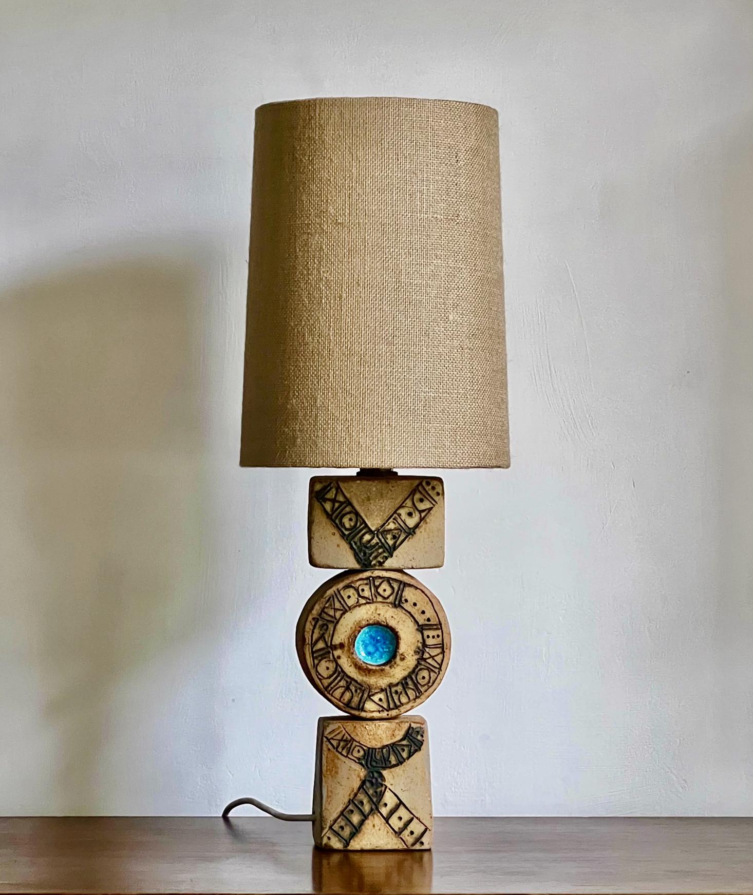 English Small Table Totem Lamp with Blue Glass Detail by Bernard Rooke, England 1960s For Sale
