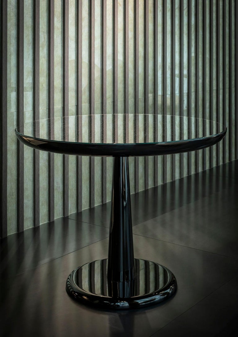 Italian Small Table with Pedestal Polished Stainless Steel Top Vetrite Color on Demand For Sale