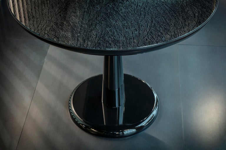 Contemporary Small Table with Pedestal Polished Stainless Steel Top Vetrite Color on Demand For Sale