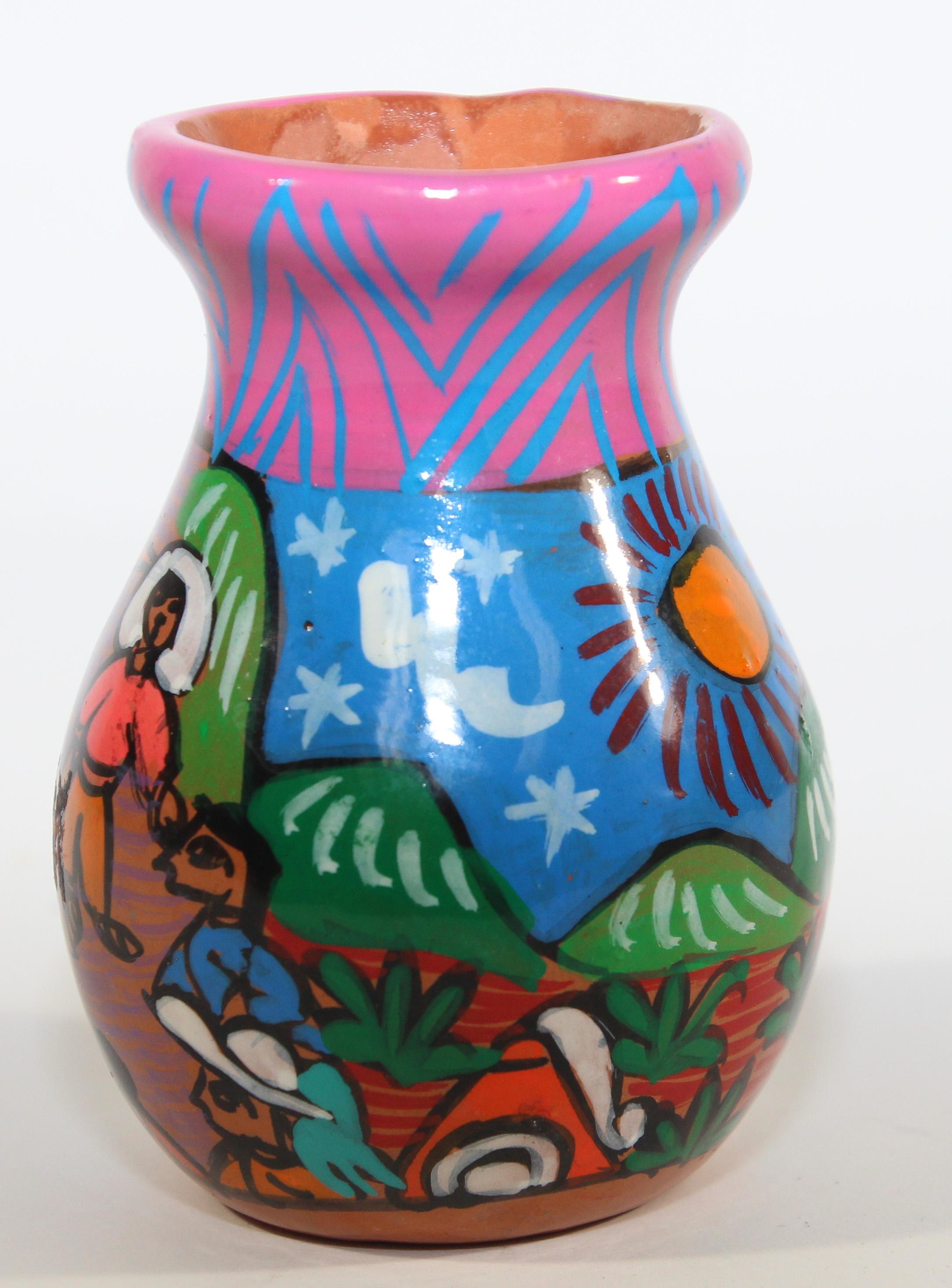 Hand-Crafted Small Hand Painted Mexican Pottery Vase For Sale