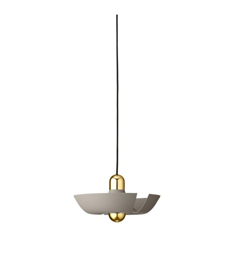 Small taupe and gold contemporary pendant lamp 
Dimensions: Diameter 30 x Height 14 cm 
Materials: Aluminum with Powder-Coated. Brass plated details, Porcelain socket, Plastic switch, and Black textile cord. 
Details: For all lamps, the light source