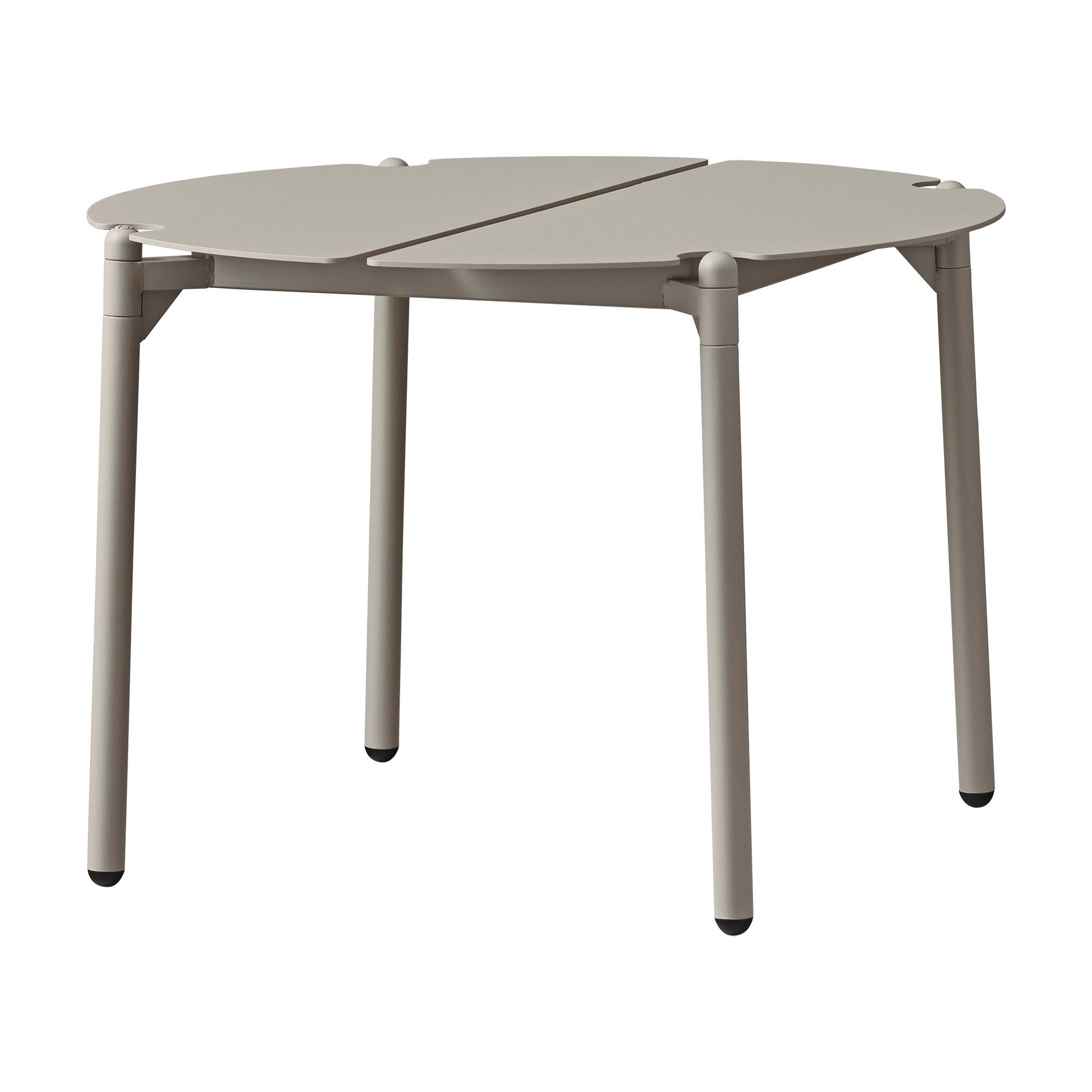 Small Taupe Minimalist lounge table
Dimensions: Diameter 50 x Height 35 cm 
Materials: Steel w. matte powder coating & aluminum w. matte powder coating.
Available in colors: Taupe, bordeaux, forest, ginger bread, black and, black and gold.