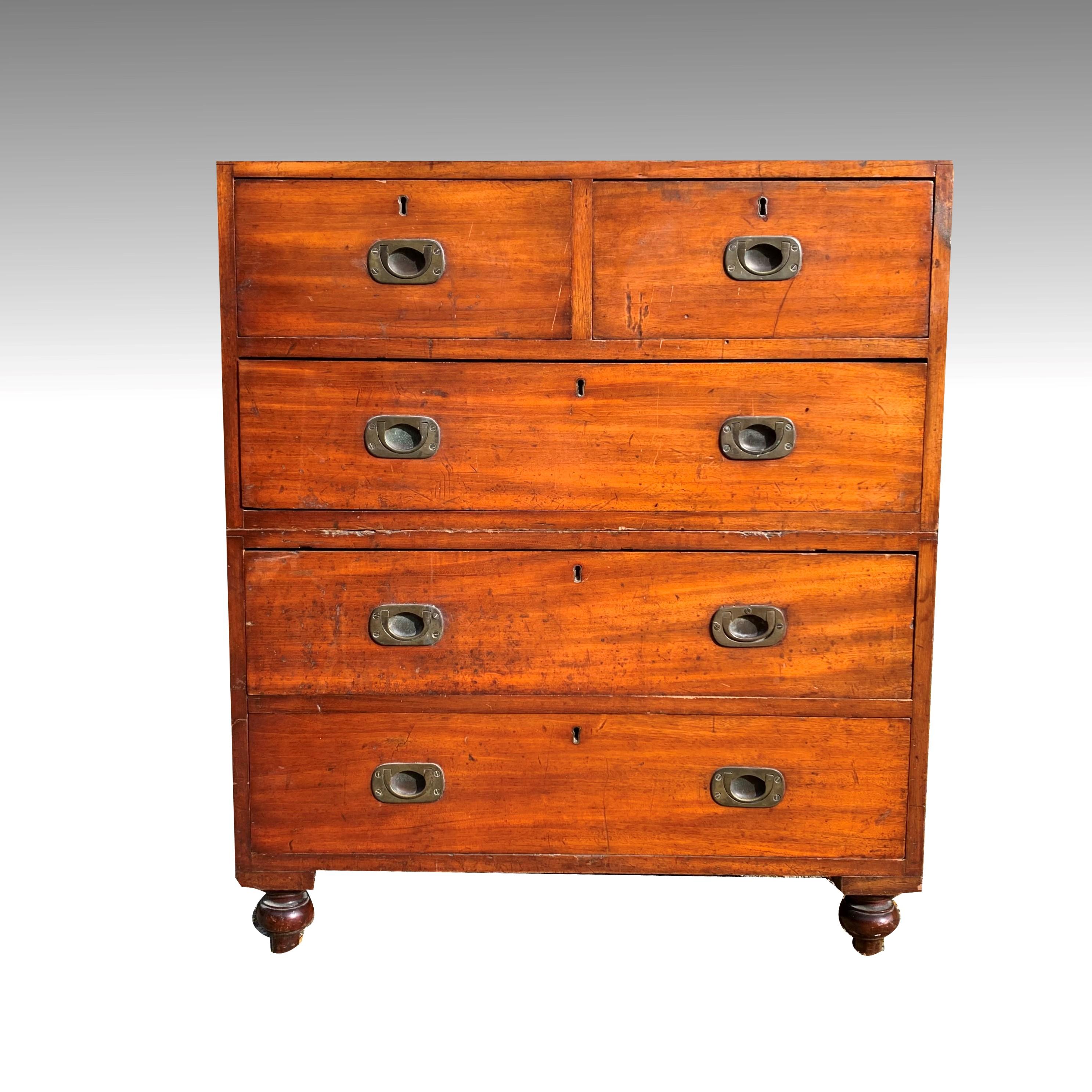 English Small Teak Military Campaign Chest of Drawers
