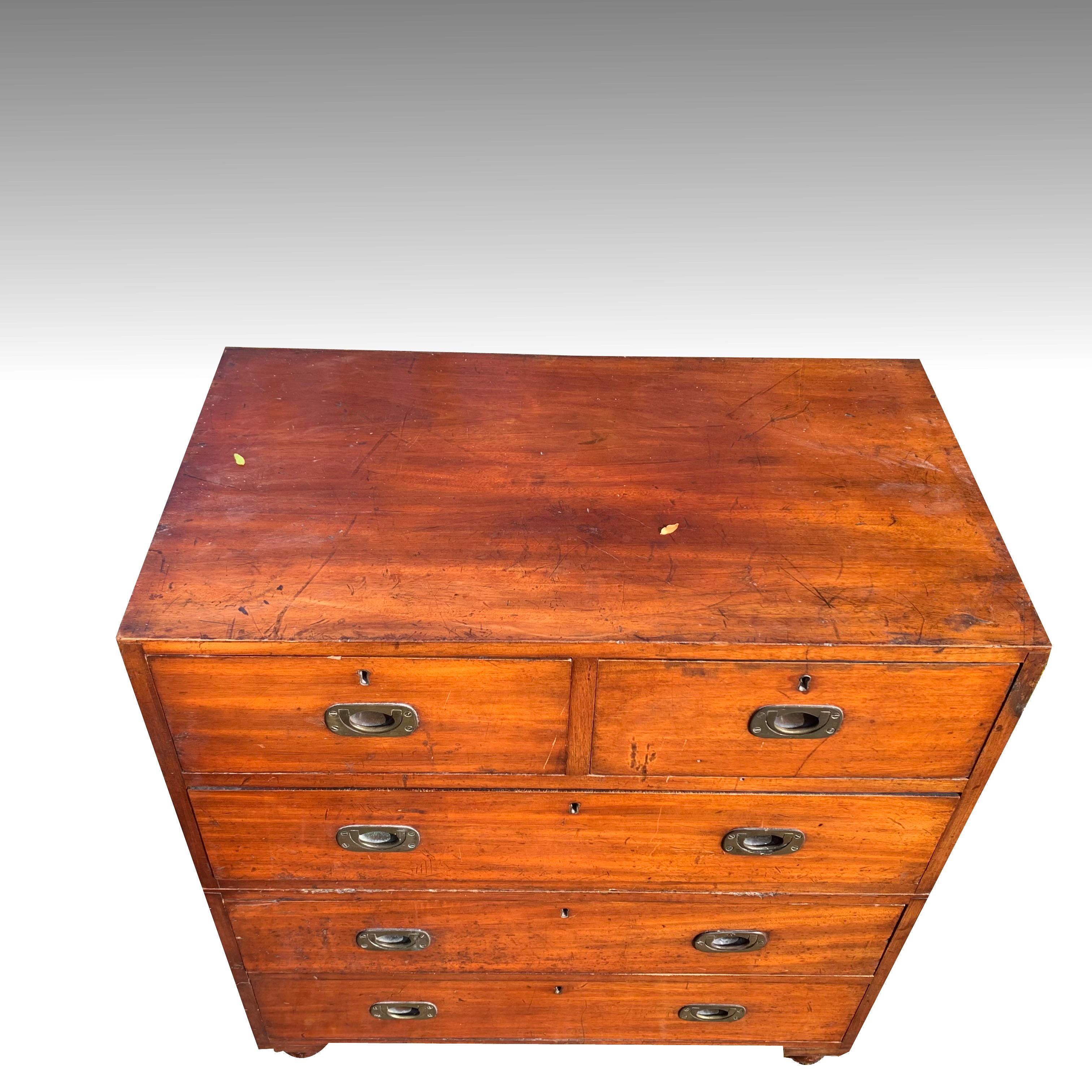19th Century Small Teak Military Campaign Chest of Drawers