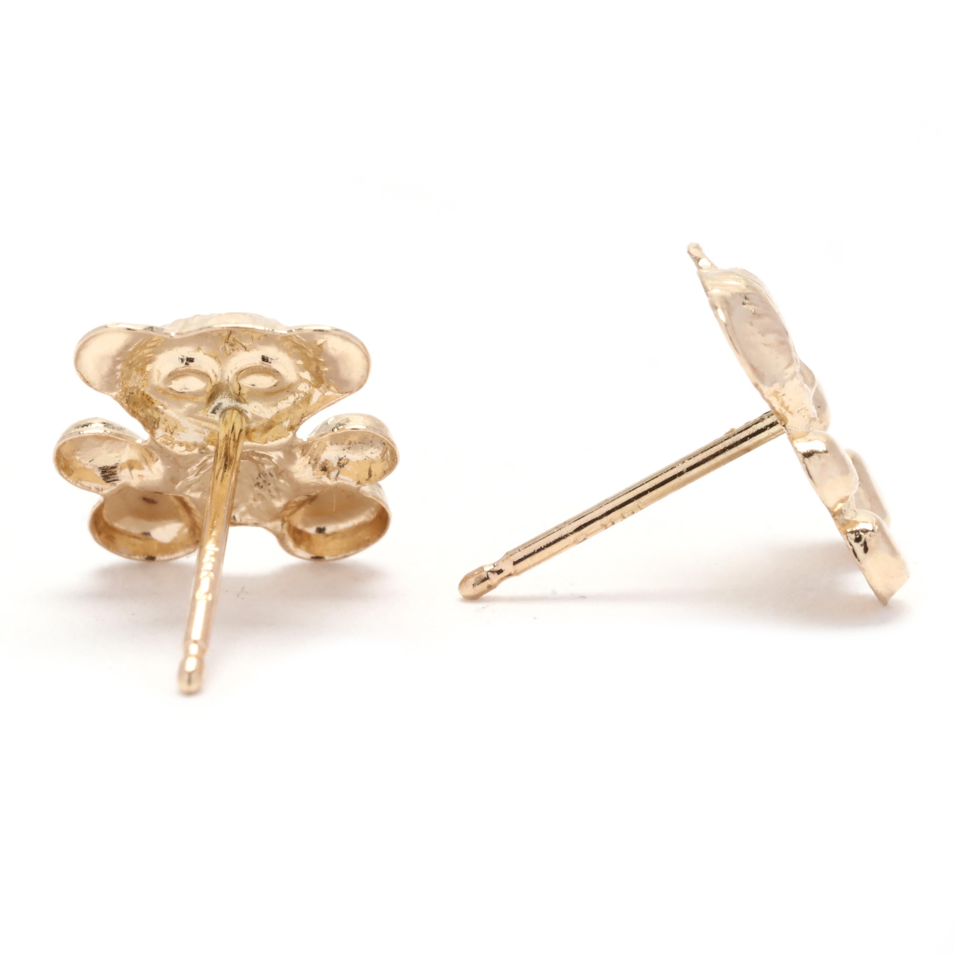 Add a touch of cuteness to your everyday look with these small teddy bear stud earrings. Made with 14K yellow gold, these earrings feature a charming teddy bear design that is sure to melt hearts. With a length of 5/16 inch, these stud earrings are
