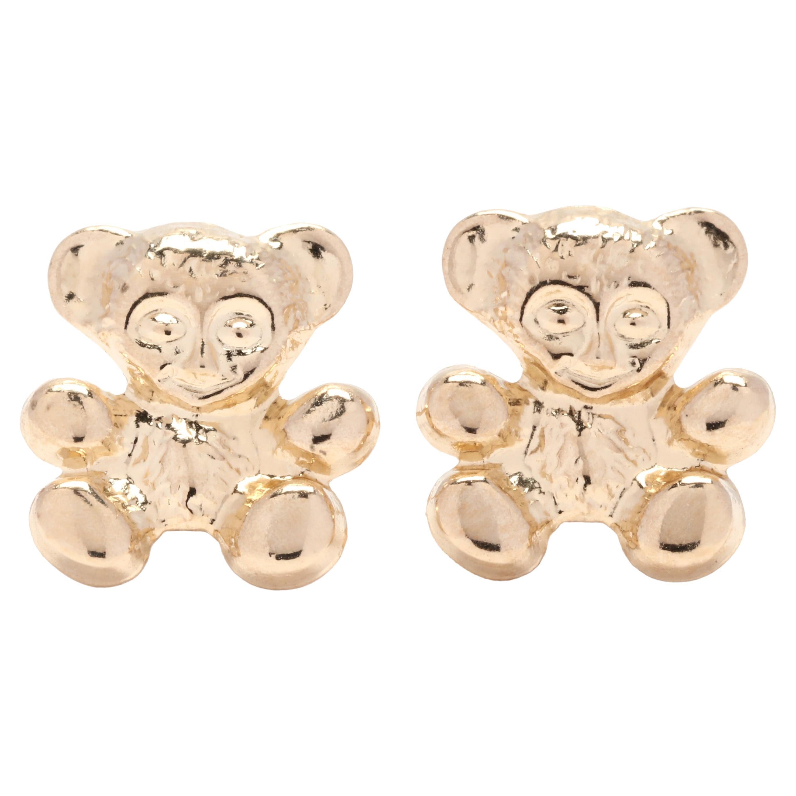 Small Teddy Bear Stud Earrings, 14K Yellow Gold, Length 5/16 Inch, Light Weight  For Sale