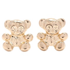 Retro Small Teddy Bear Stud Earrings, 14K Yellow Gold, Length 5/16 Inch, Light Weight 