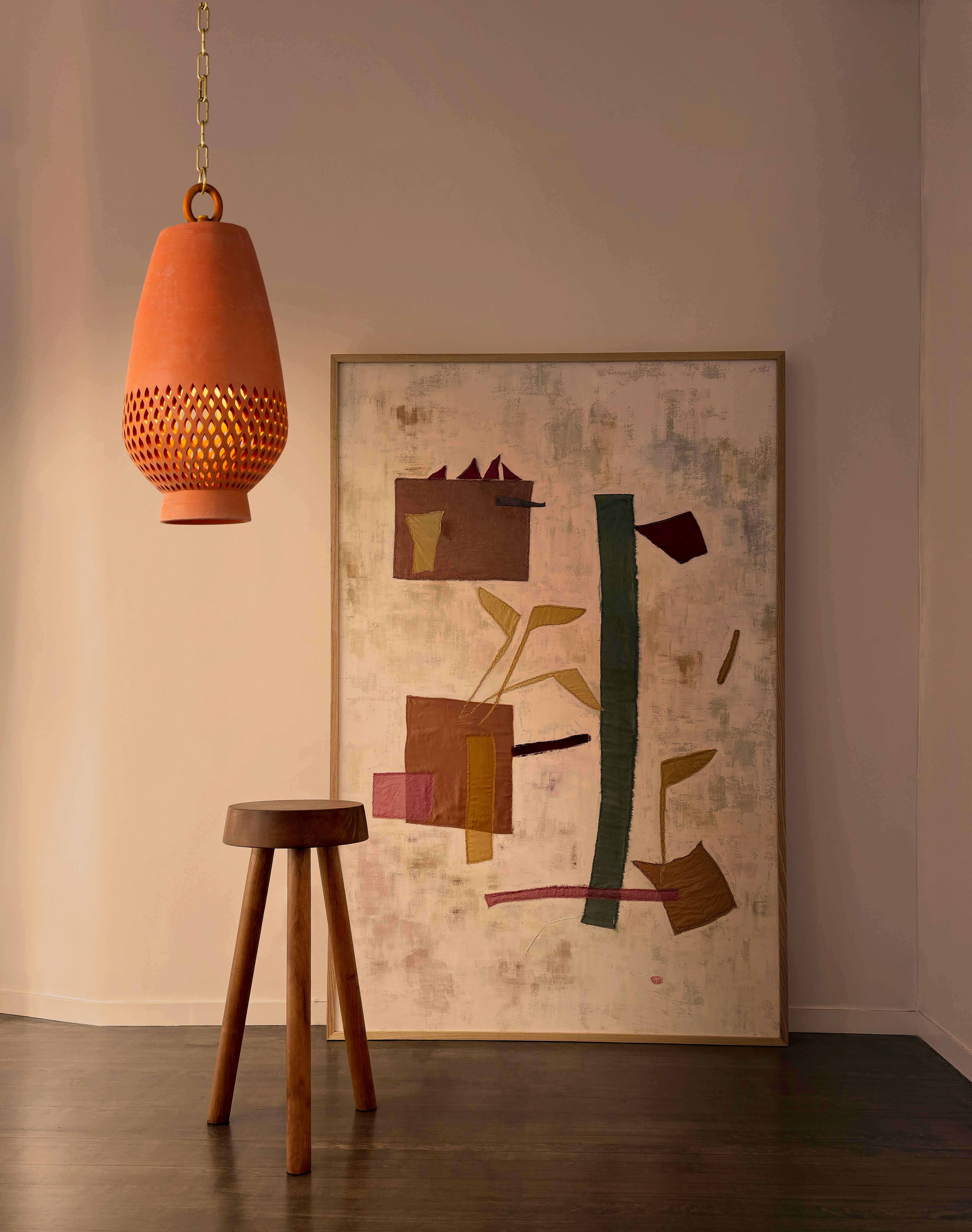 Hand-Crafted Small Terracotta Ceramic Pendant Light, Aged Brass, Diamantes Atzompa For Sale