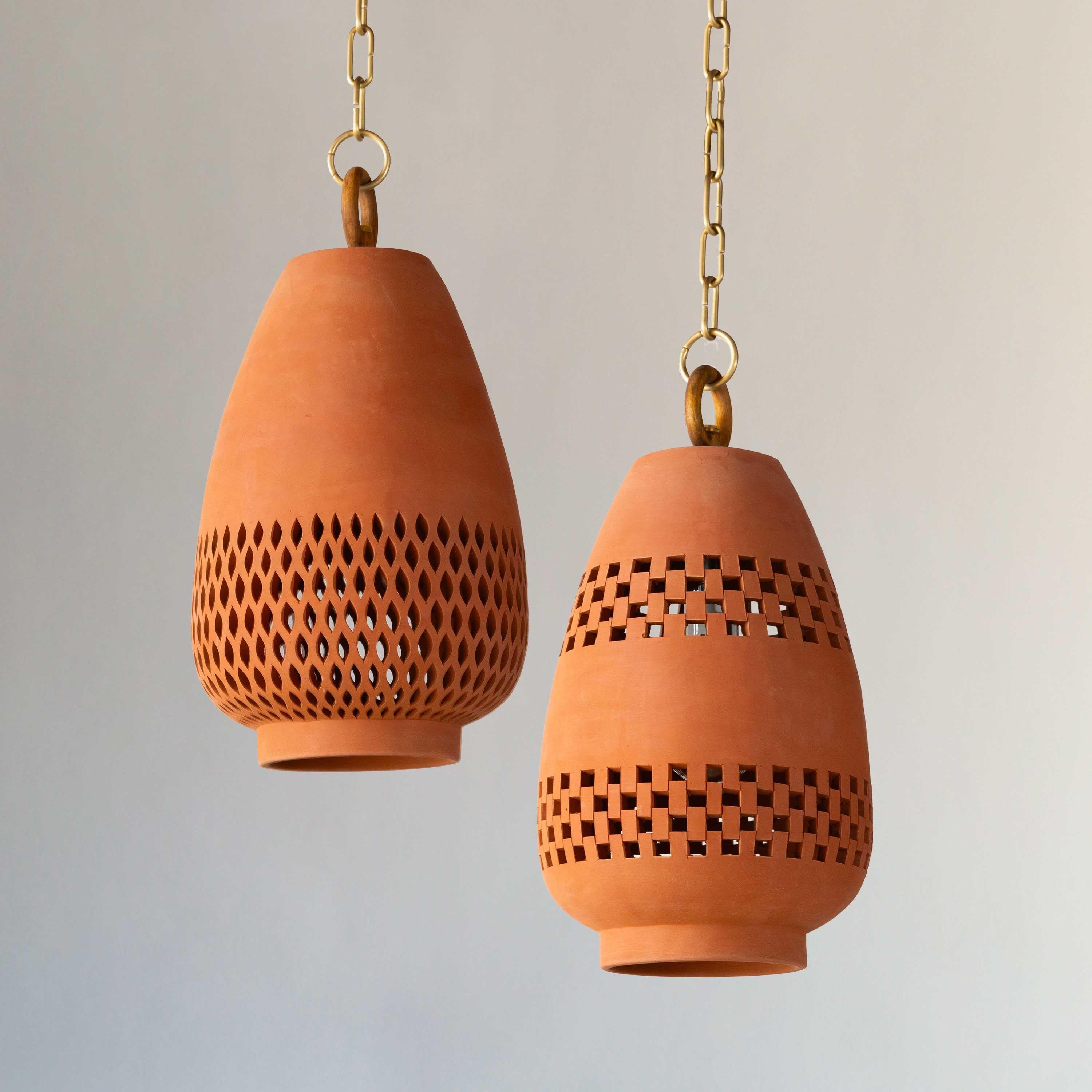 Mid-Century Modern Small Terracotta Ceramic Pendant Light, Brushed Brass, Ajedrez Atzompa For Sale
