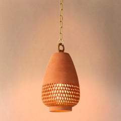 Small Terracotta Ceramic Pendant Light, Brushed Brass, Diamantes Atzompa