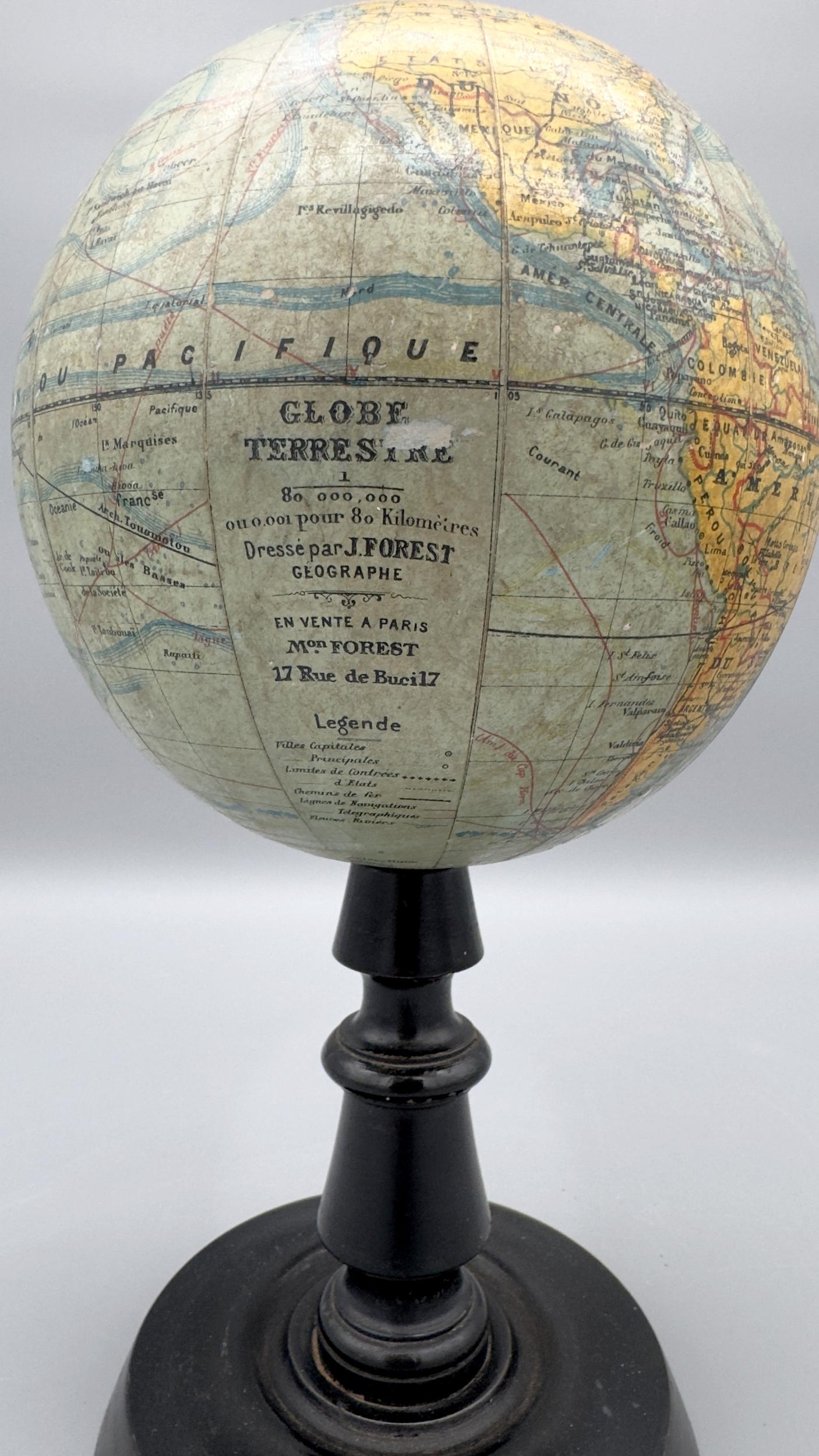 Late 19th Century Small terrestrial globe by Joseph Forest, Paris, France, circa 1890 / 1900 For Sale