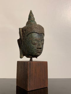 Small Thai Ayutthaya Bronze Crowned Buddha Head, 17th Century, Thailand