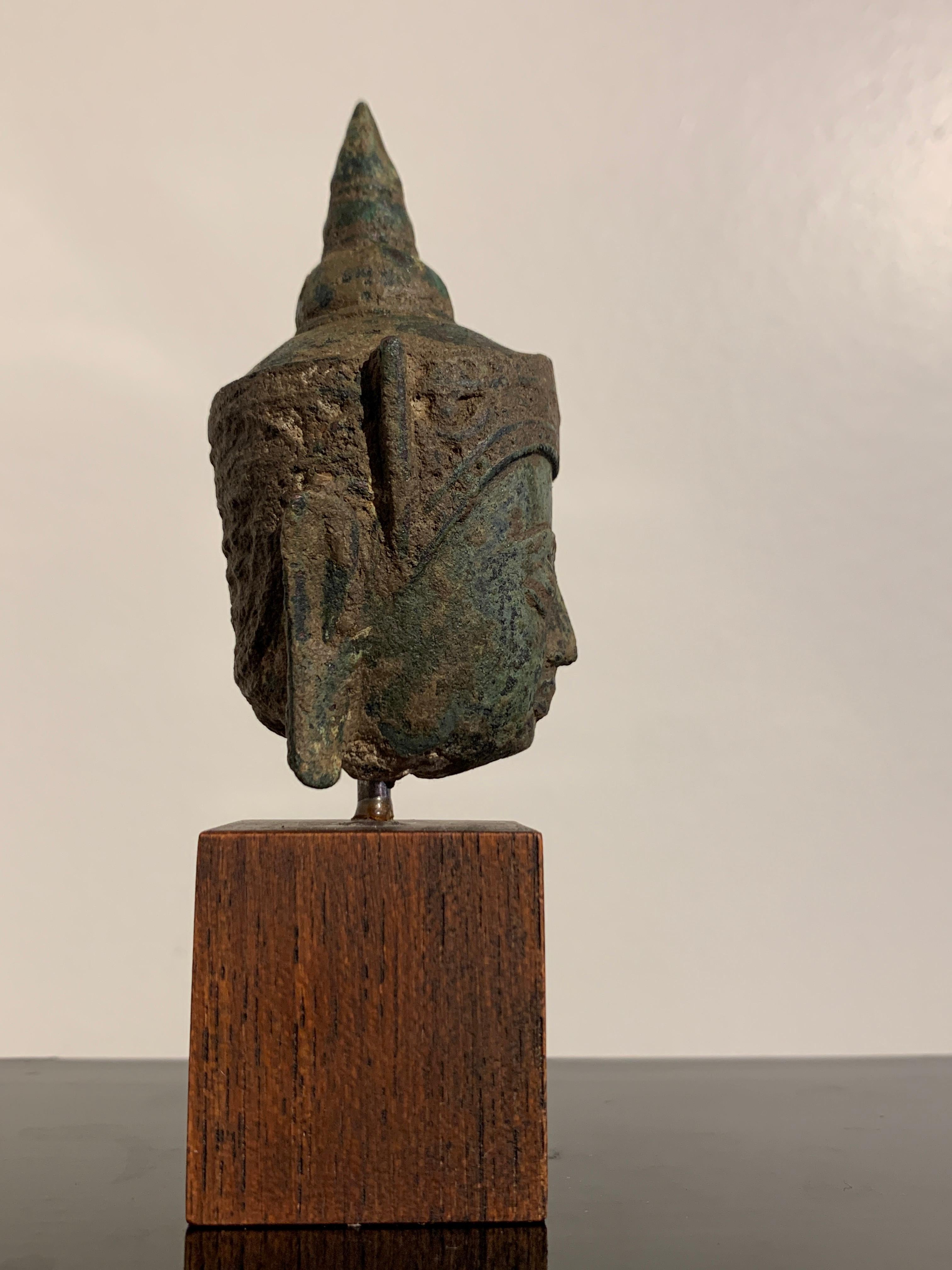 Cast Small Thai Ayutthaya Bronze Crowned Buddha Head, 17th Century, Thailand