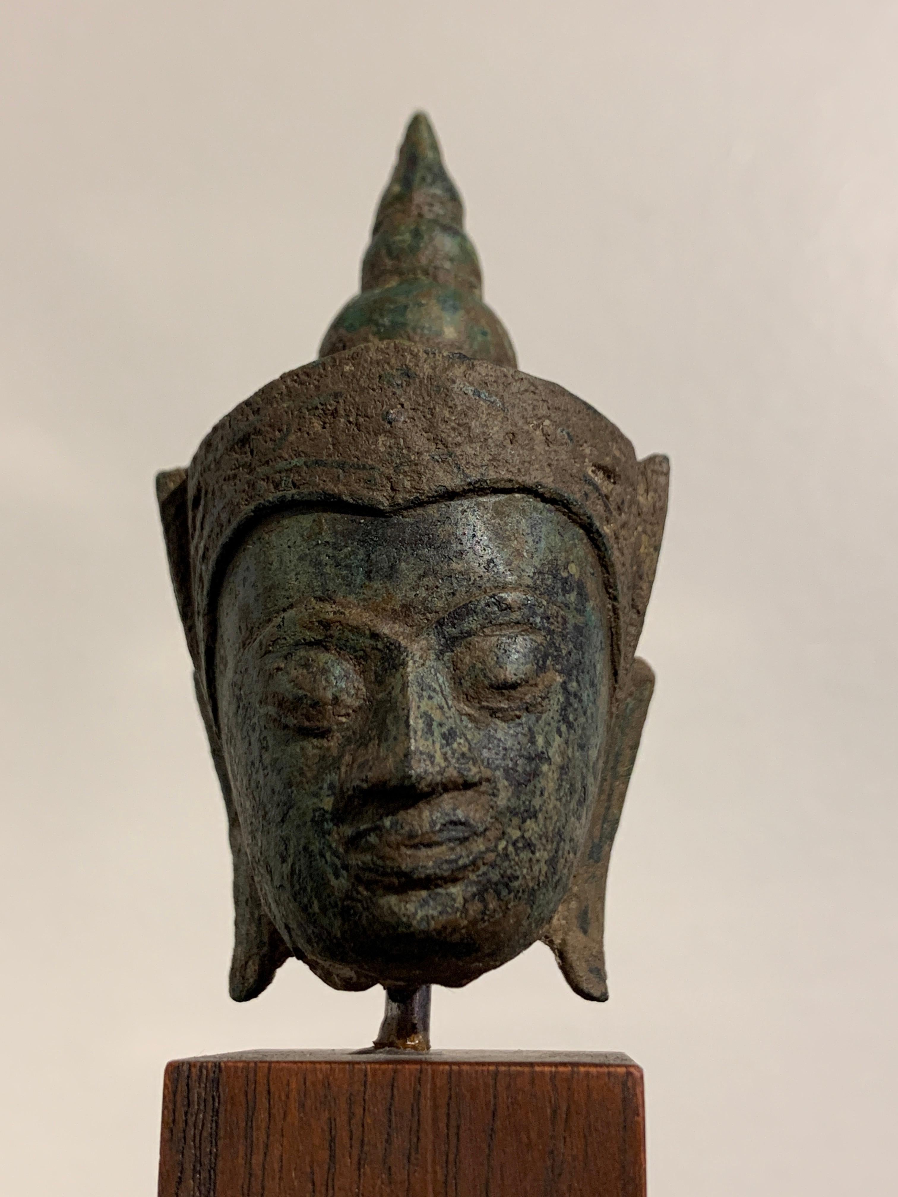 Small Thai Ayutthaya Bronze Crowned Buddha Head, 17th Century, Thailand 2