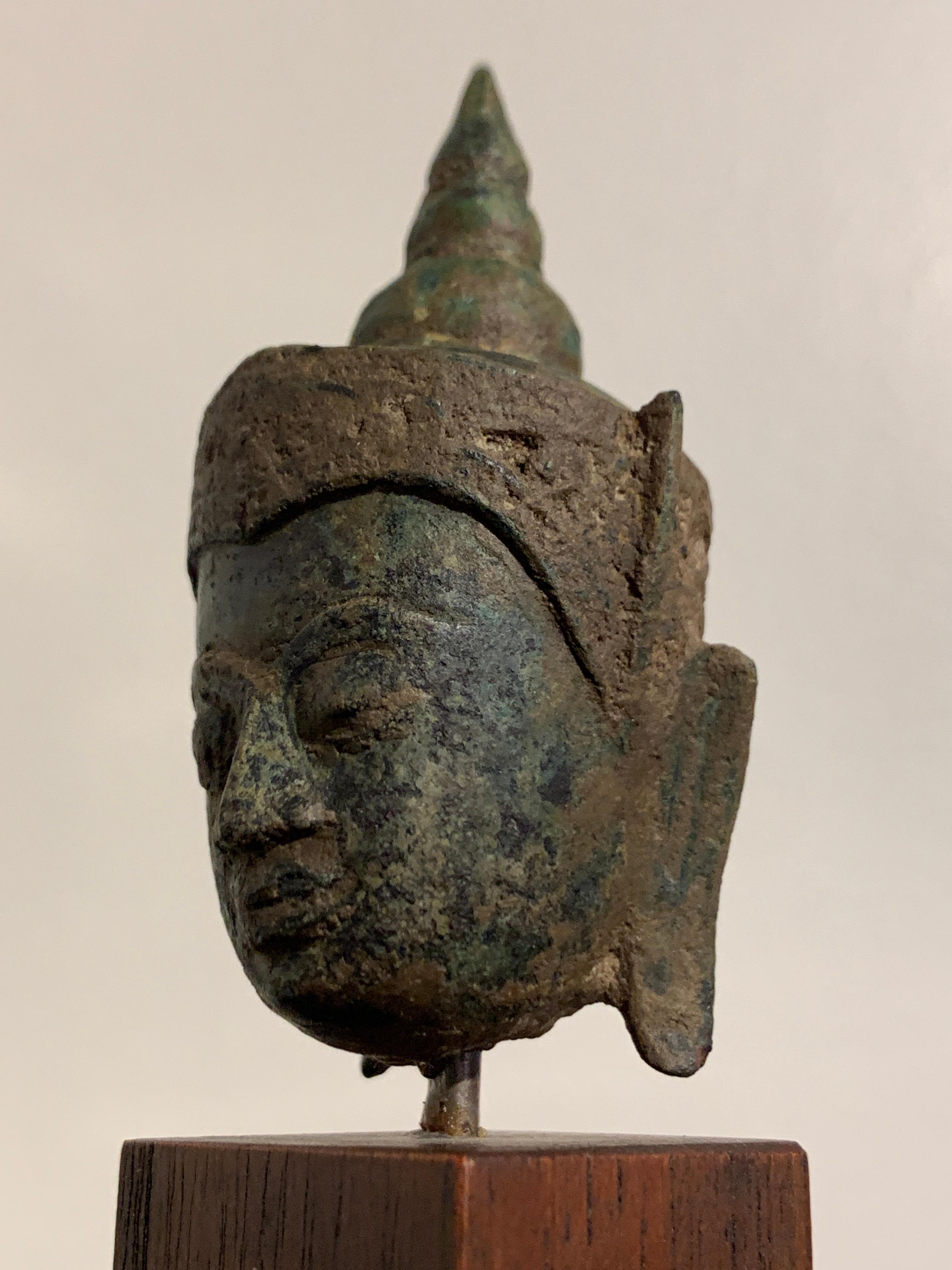Small Thai Ayutthaya Bronze Crowned Buddha Head, 17th Century, Thailand 4