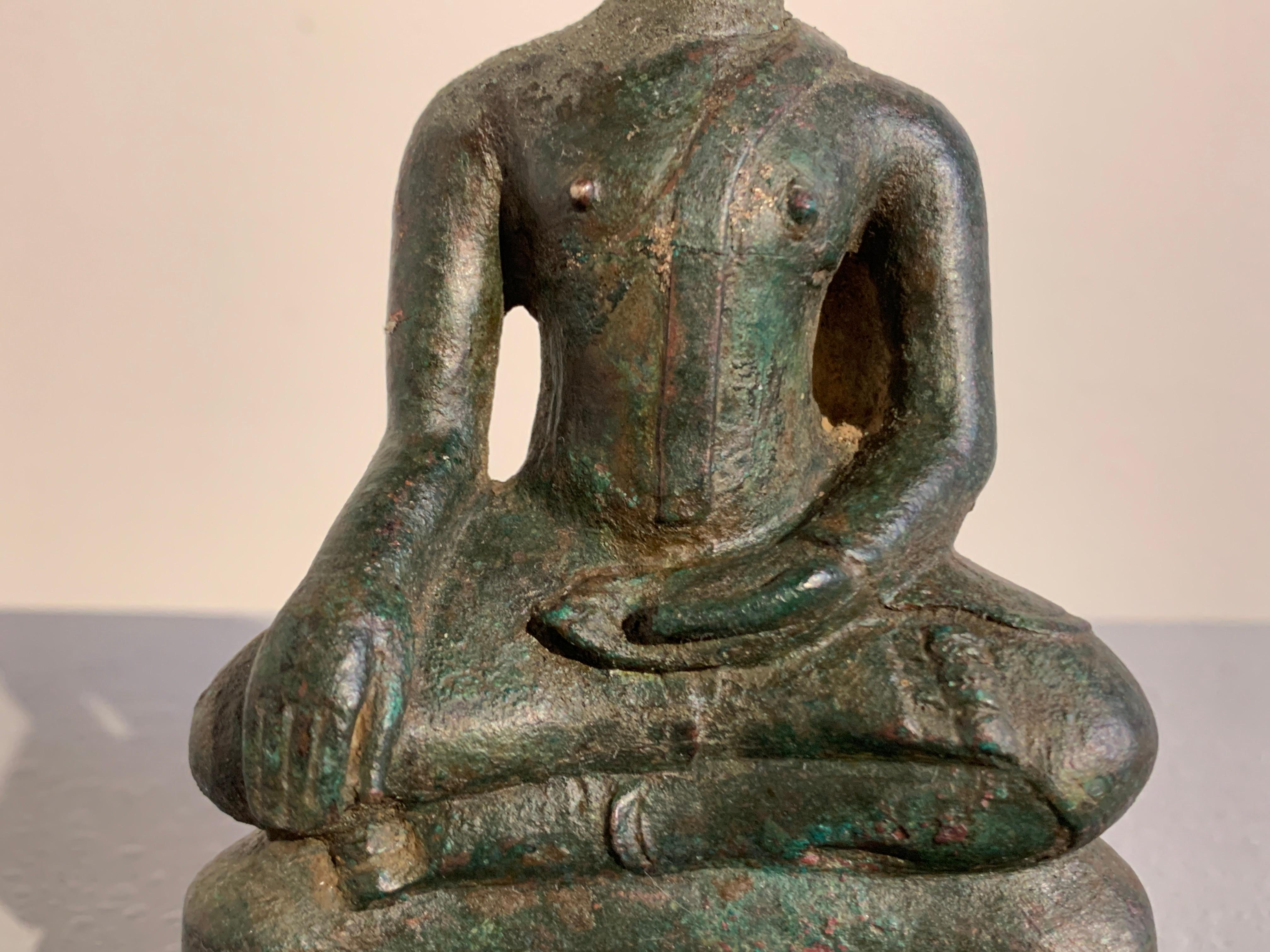 18th Century and Earlier Small Thai Seated Bronze Buddha Maravijaya, Ayutthaya, 16th Century For Sale