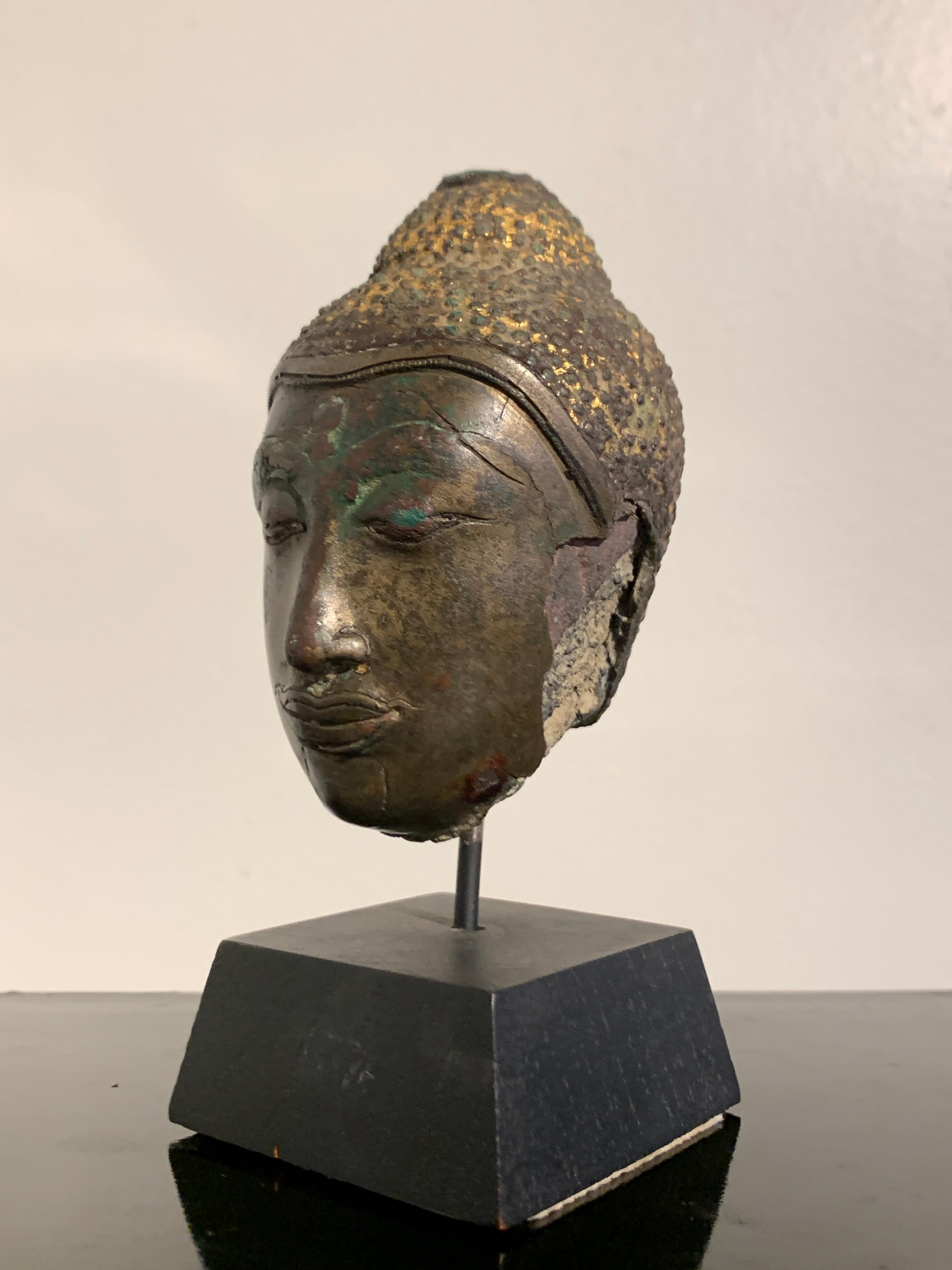 Cast Small Thai Ayutthaya U Thong Style Bronze Buddha Head, 14th-15th Century