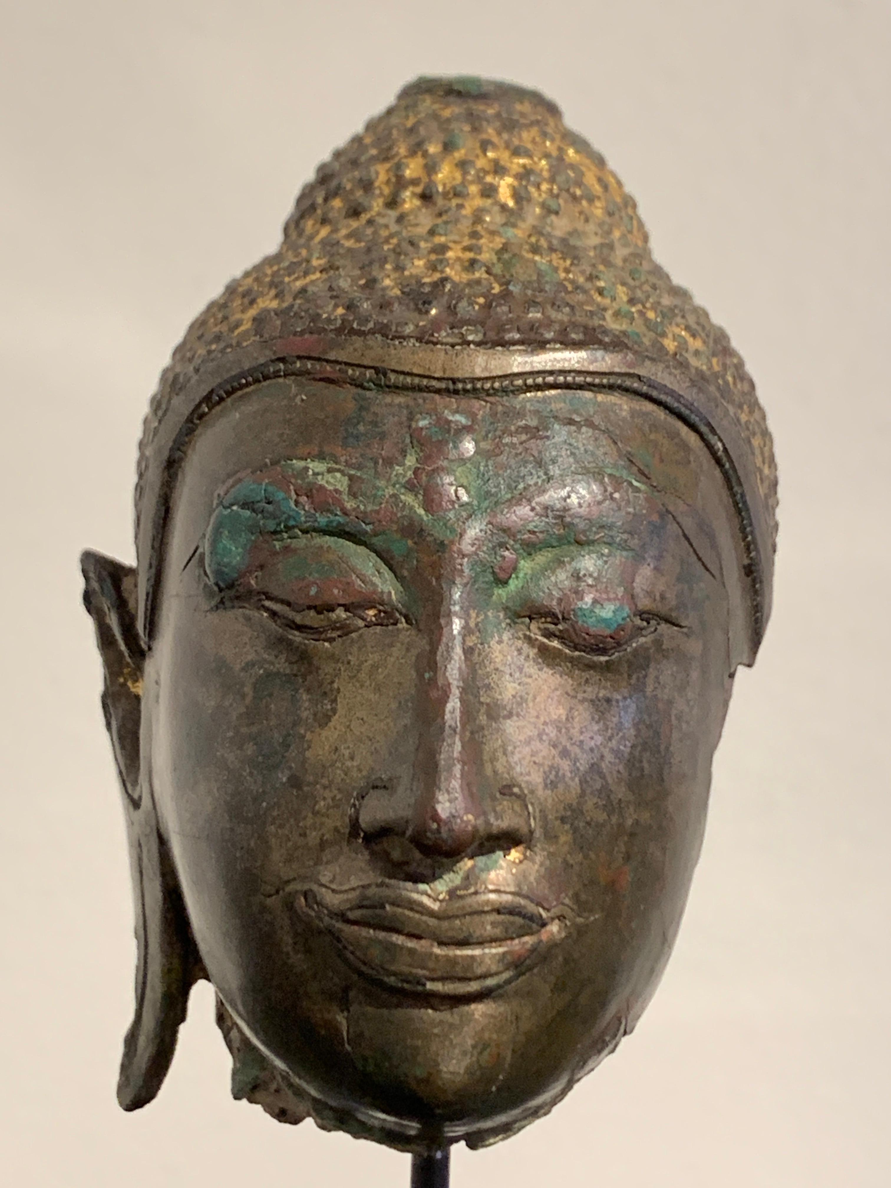 Small Thai Ayutthaya U Thong Style Bronze Buddha Head, 14th-15th Century 2
