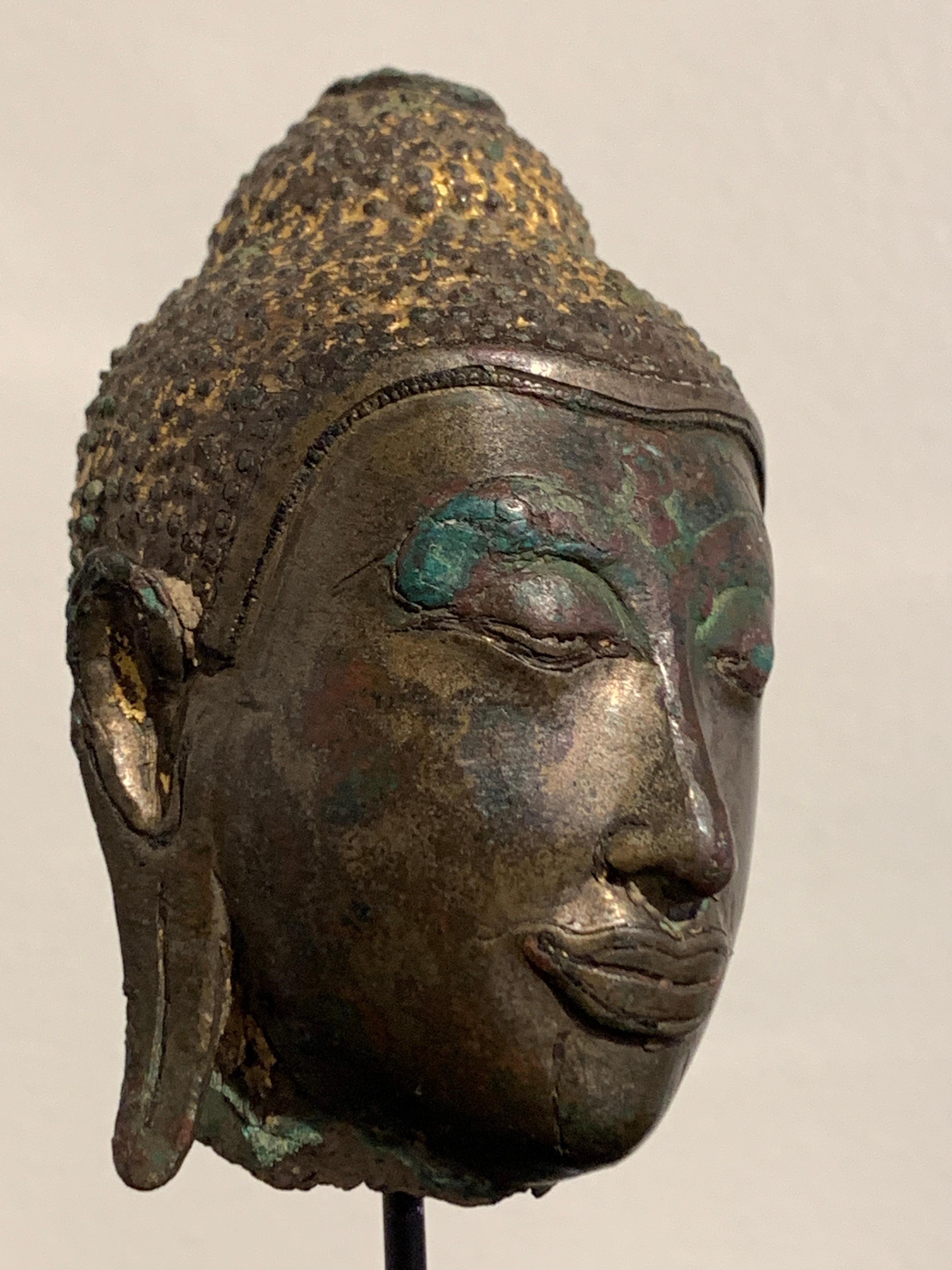 Small Thai Ayutthaya U Thong Style Bronze Buddha Head, 14th-15th Century 3