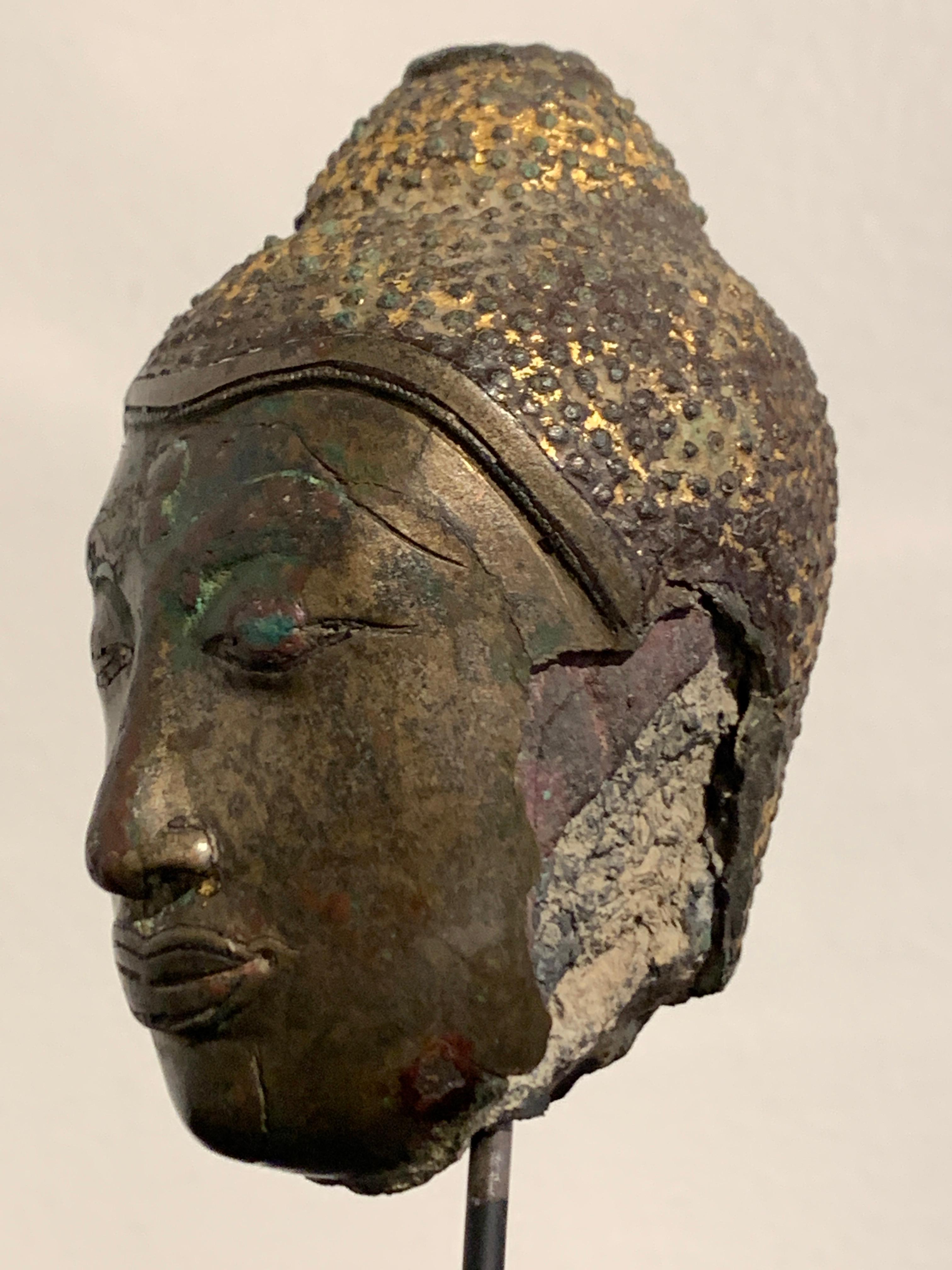 Small Thai Ayutthaya U Thong Style Bronze Buddha Head, 14th-15th Century 4