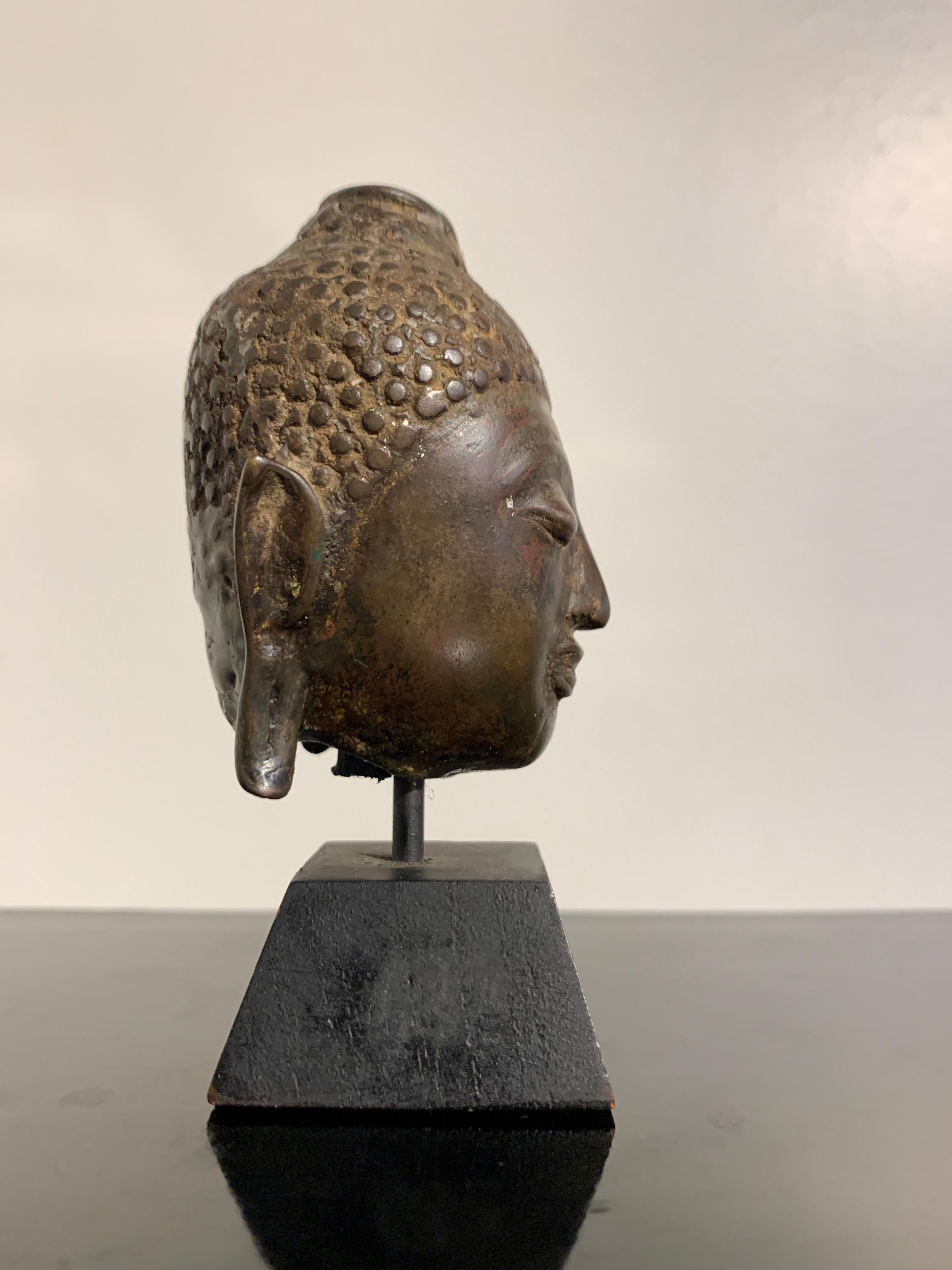 Cast Small Thai Chiang Saen Bronze Head of the Buddha, 16th Century For Sale