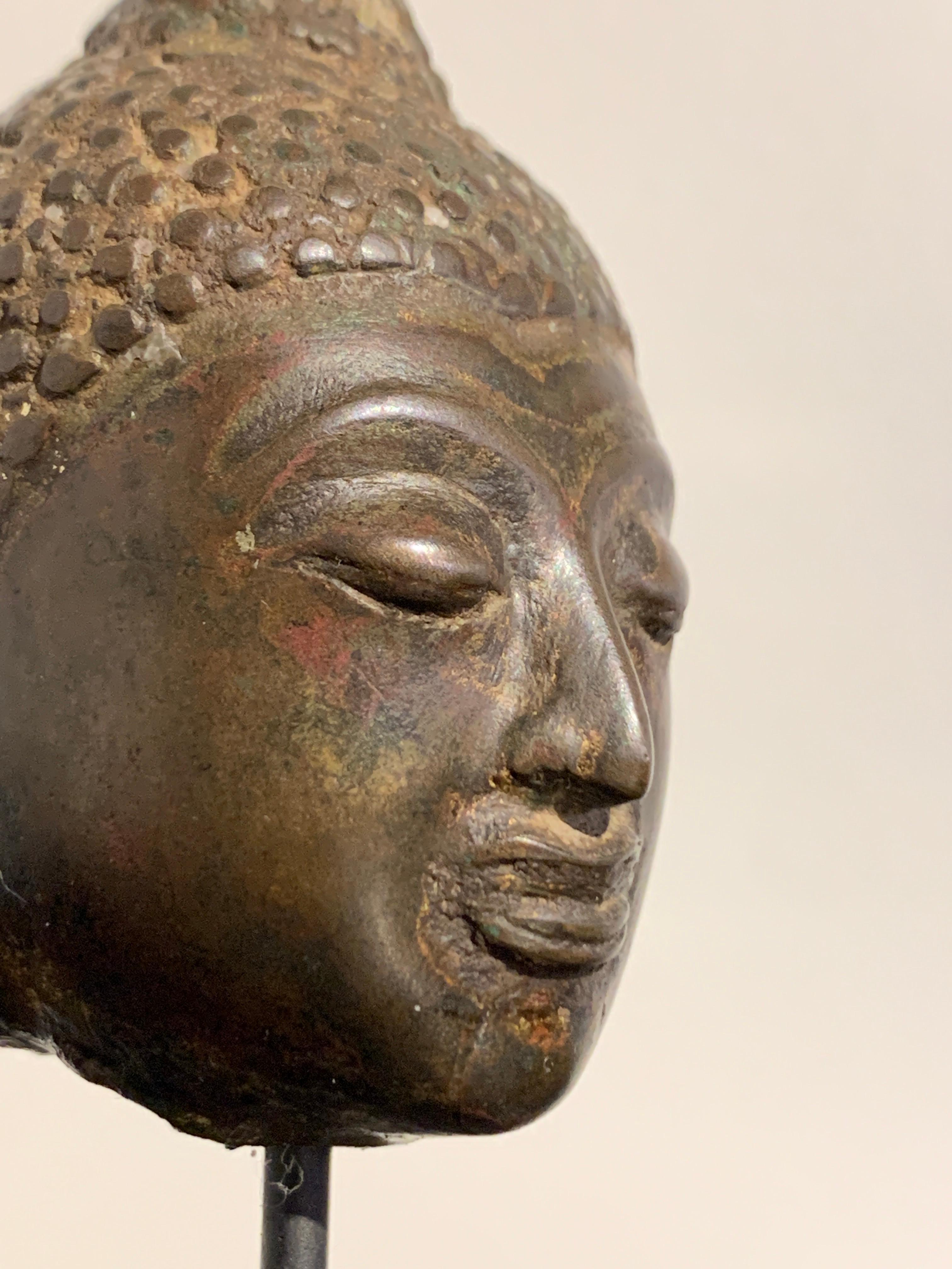 Small Thai Chiang Saen Bronze Head of the Buddha, 16th Century For Sale 2
