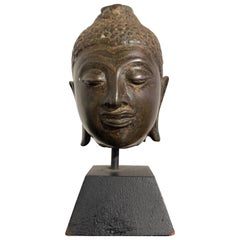 Vintage Small Thai Chiang Saen Bronze Head of the Buddha, 16th Century