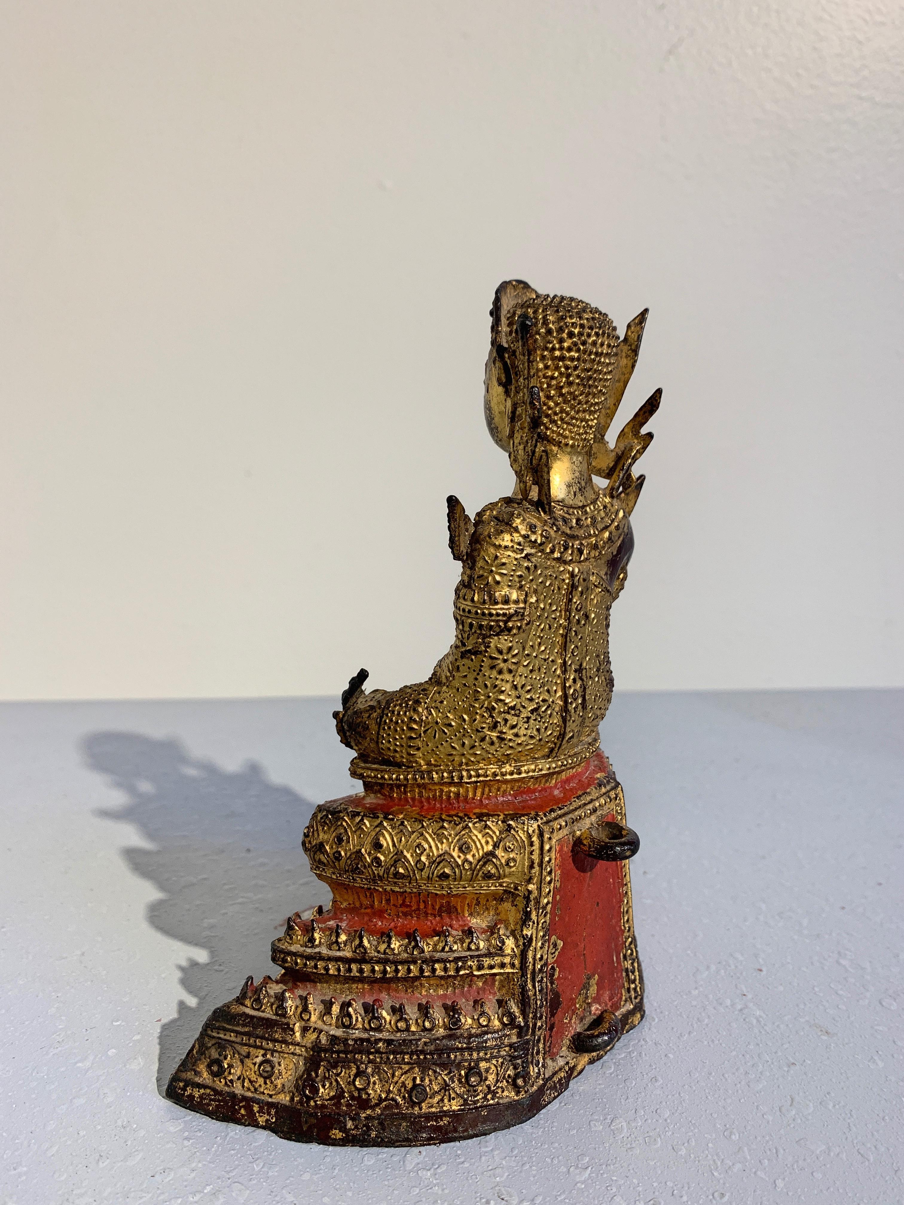 Cast Small Thai Rattanakosin Gilt Bronze Buddha in Royal Attire, 19th Century