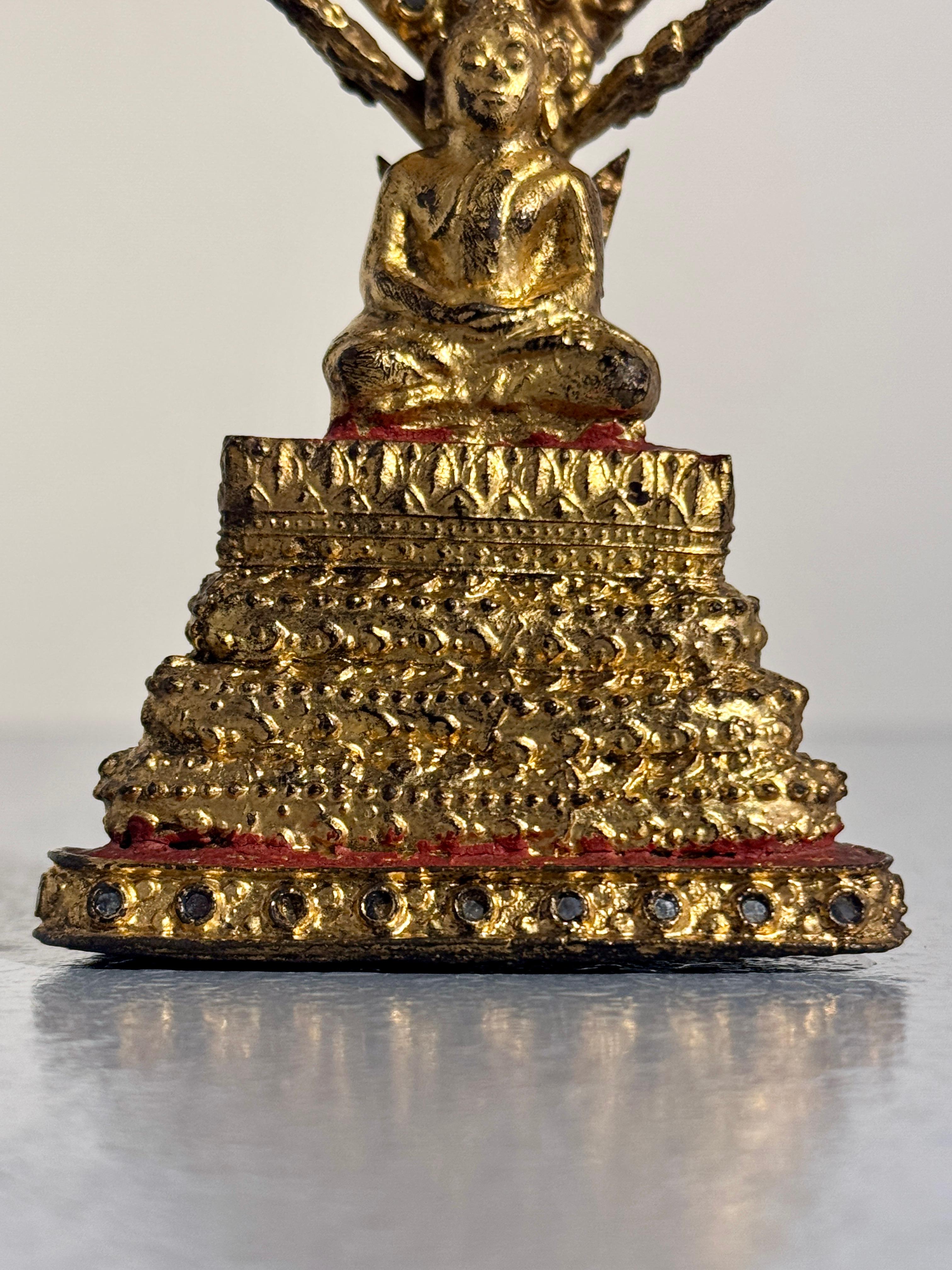 Small Thai Rattanakosin Gilt Bronze Buddha Sheltered by Naga, Muchalinda, c 1900 For Sale 5