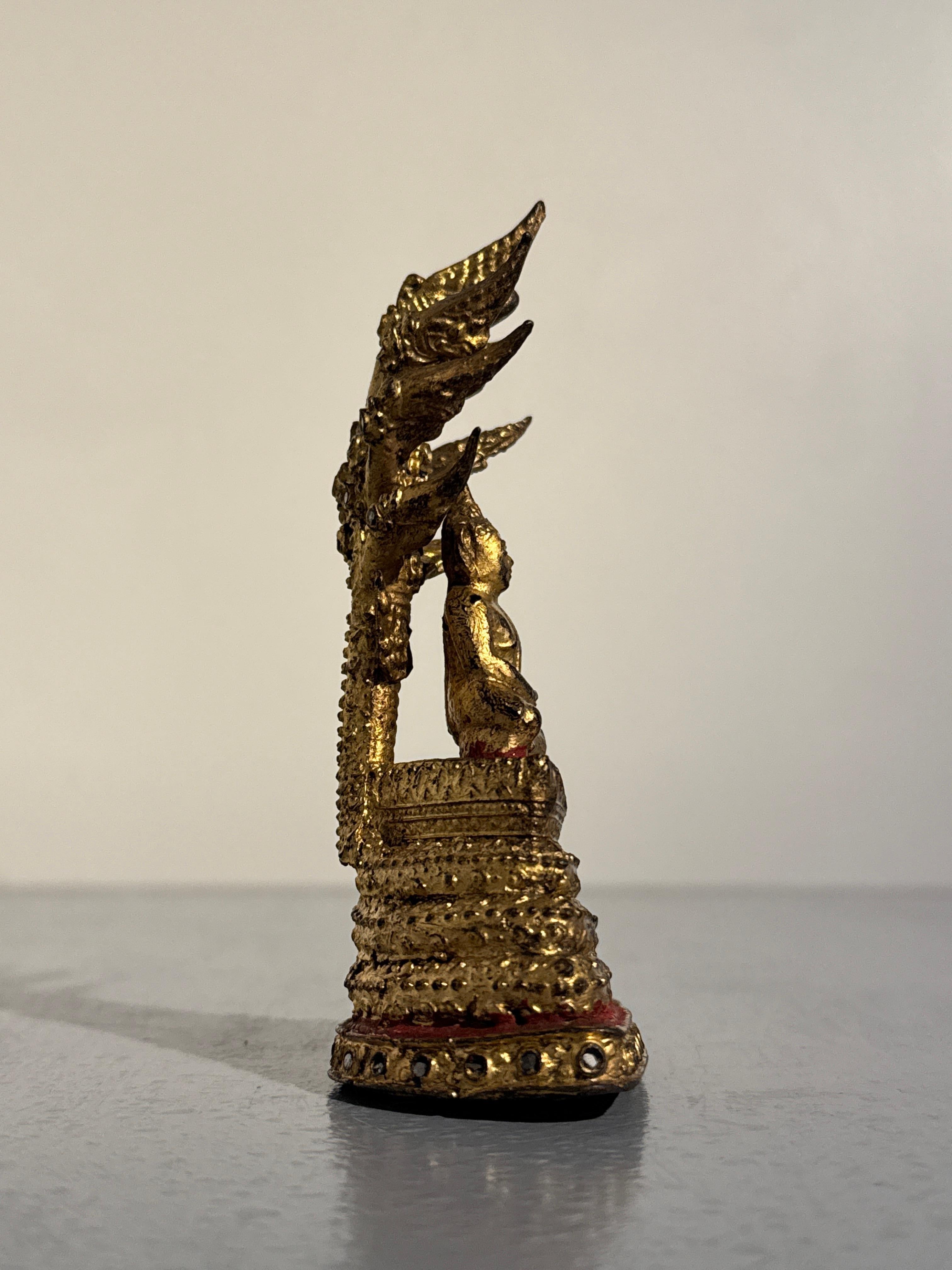 Cast Small Thai Rattanakosin Gilt Bronze Buddha Sheltered by Naga, Muchalinda, c 1900 For Sale