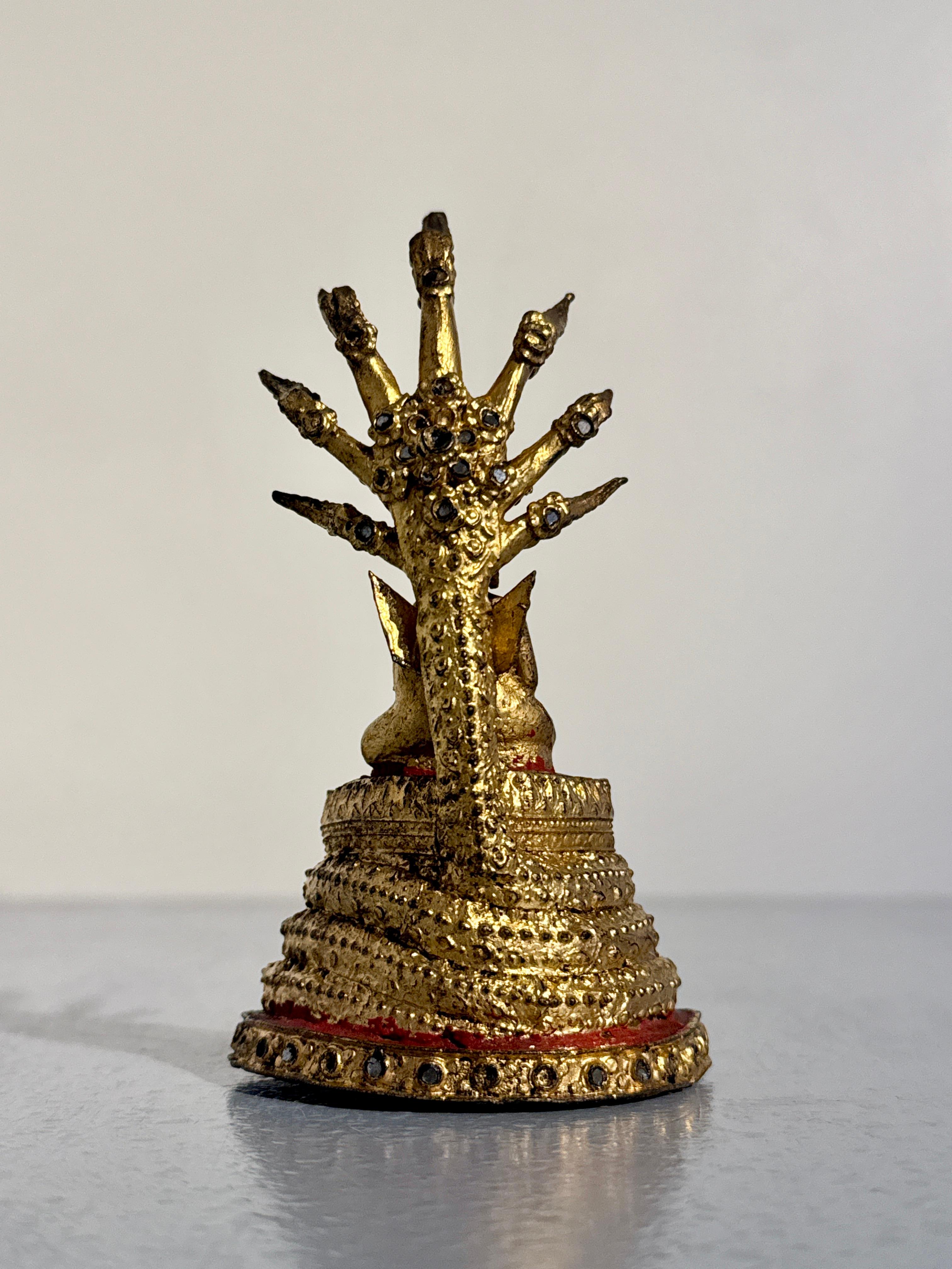 Small Thai Rattanakosin Gilt Bronze Buddha Sheltered by Naga, Muchalinda, c 1900 In Good Condition For Sale In Austin, TX