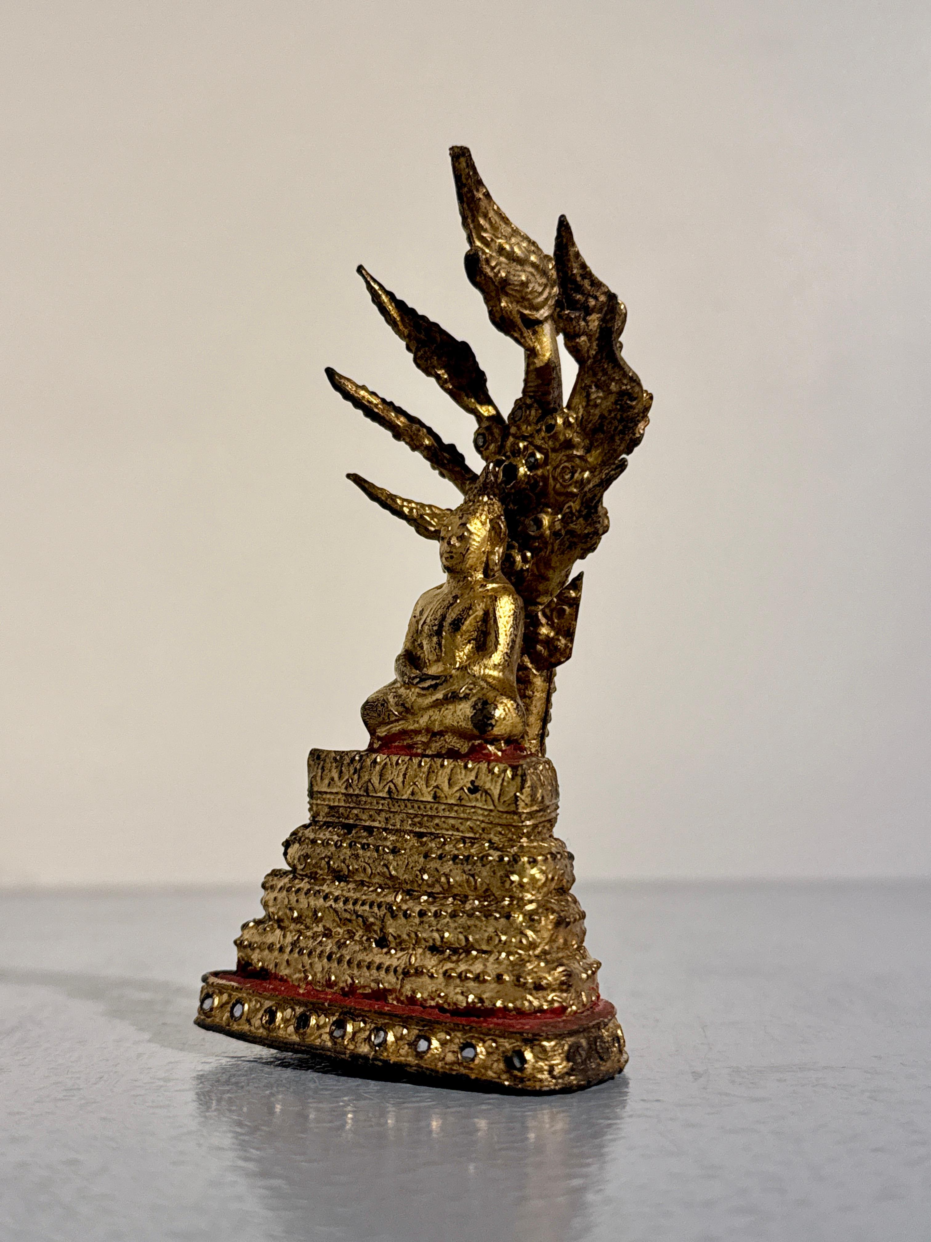 Small Thai Rattanakosin Gilt Bronze Buddha Sheltered by Naga, Muchalinda, c 1900 For Sale 1