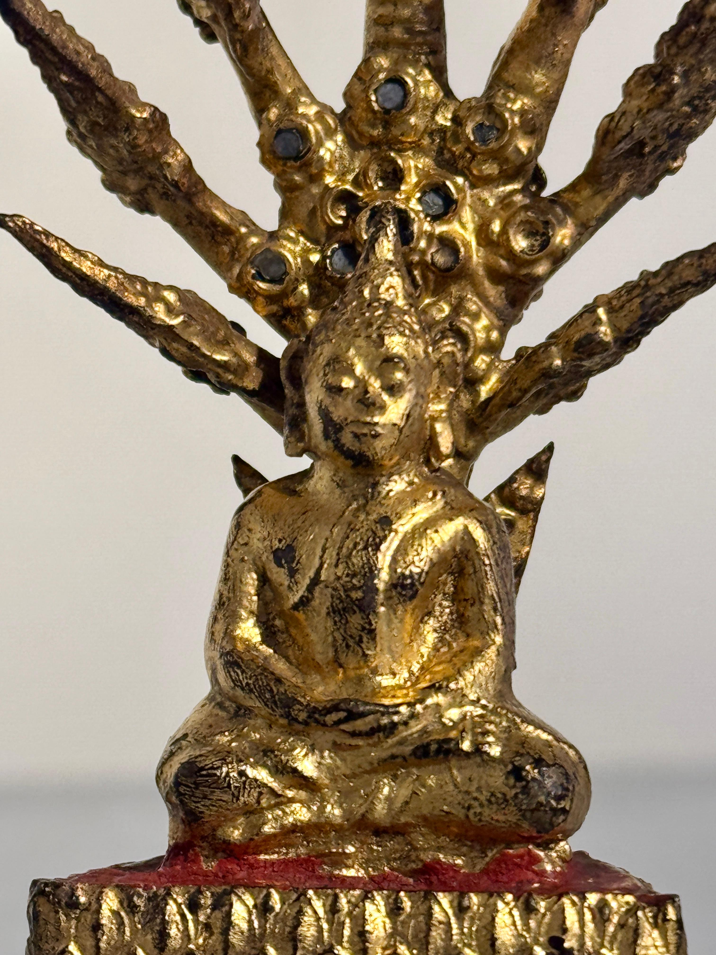 Small Thai Rattanakosin Gilt Bronze Buddha Sheltered by Naga, Muchalinda, c 1900 For Sale 2