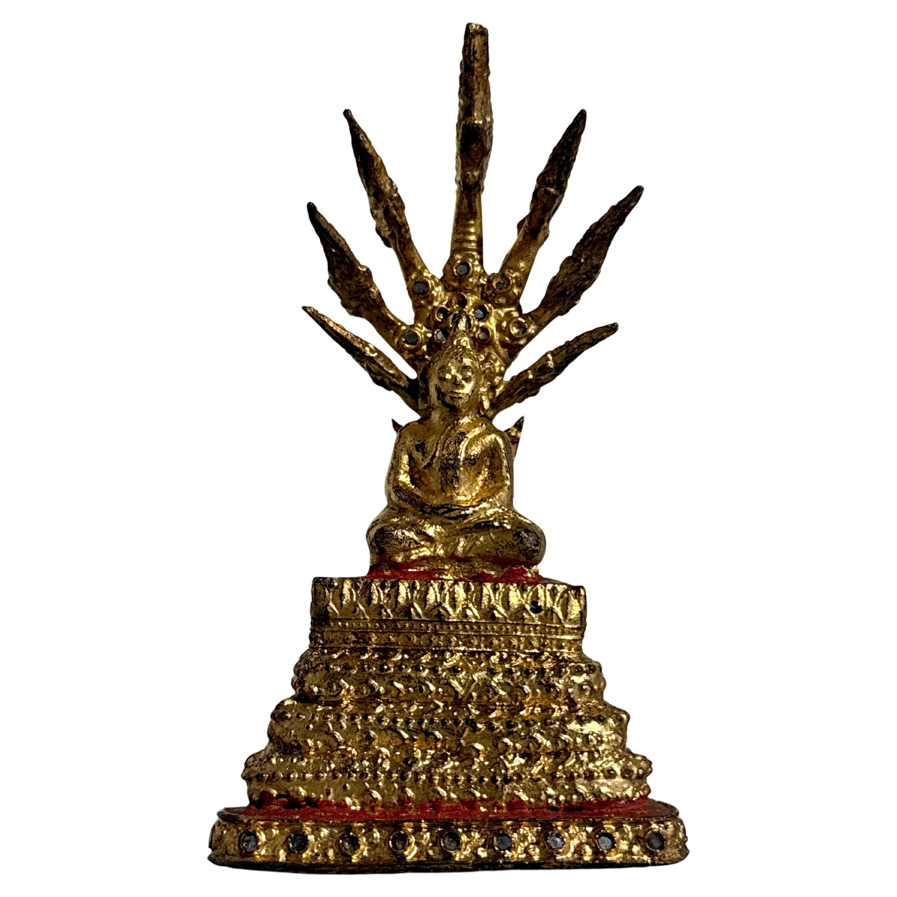 Small Thai Rattanakosin Gilt Bronze Buddha Sheltered by Naga, Muchalinda, c 1900