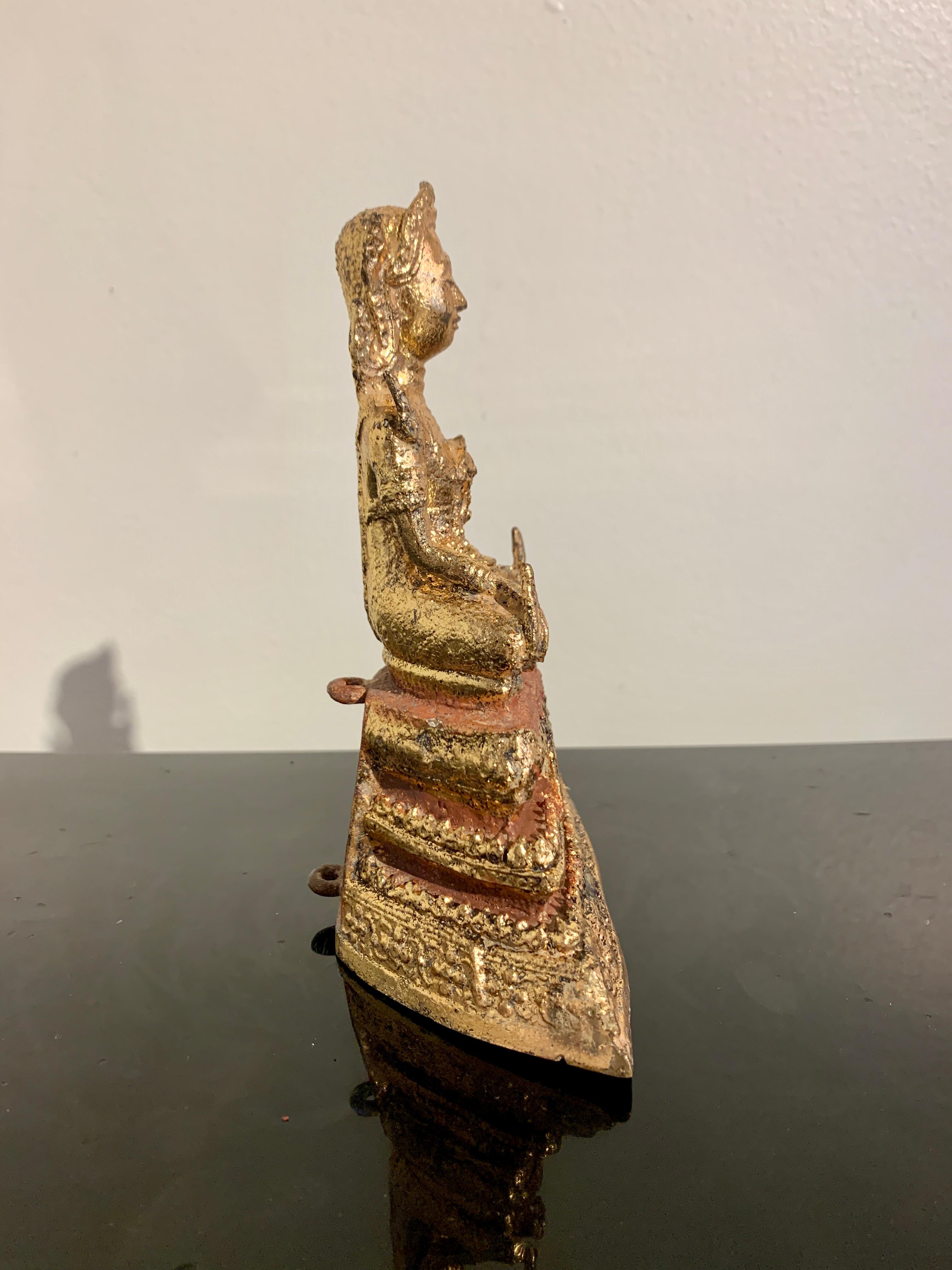 Small Thai Rattanakosin Gilt Bronze Phra Malai, Late 19th Century, Thailand In Good Condition In Austin, TX