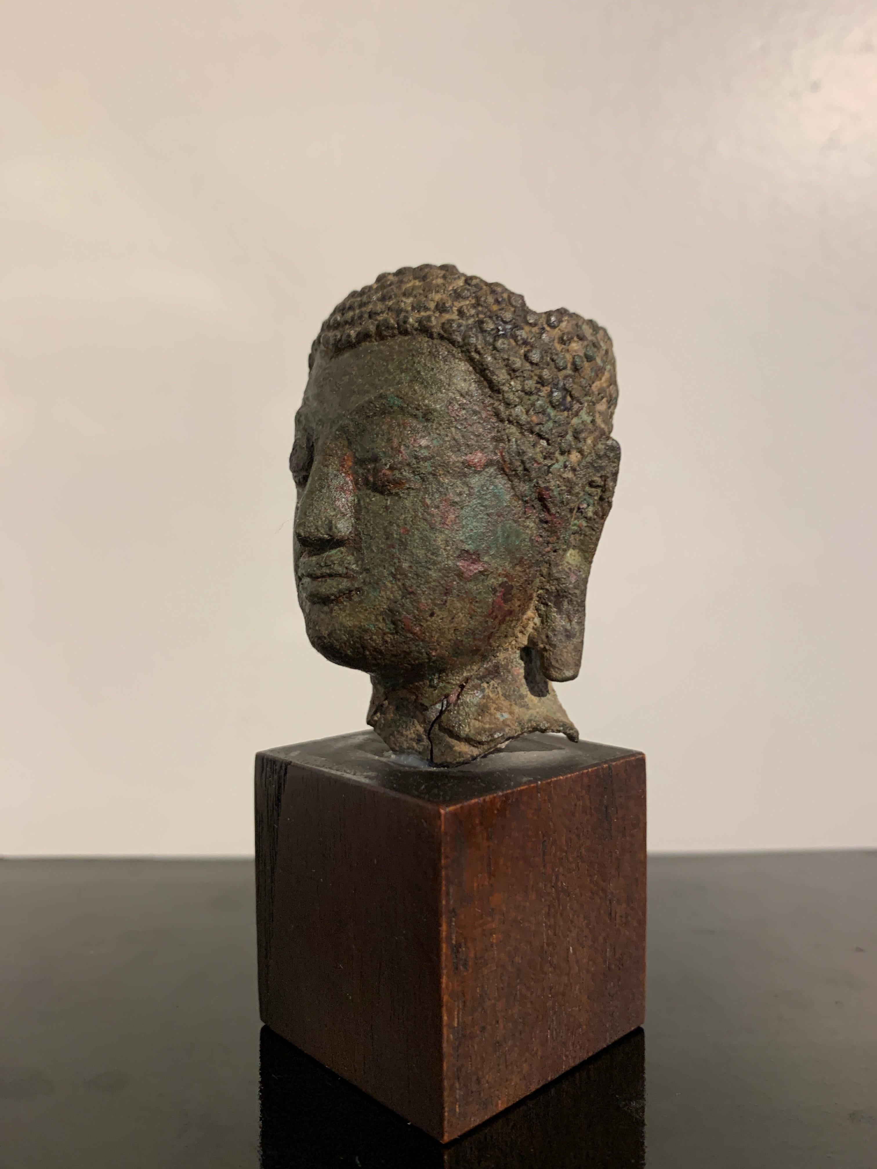 Wood Small Thai Sukhothai Bronze Buddha Head, Kamphaeng Phet Style, 15th Century