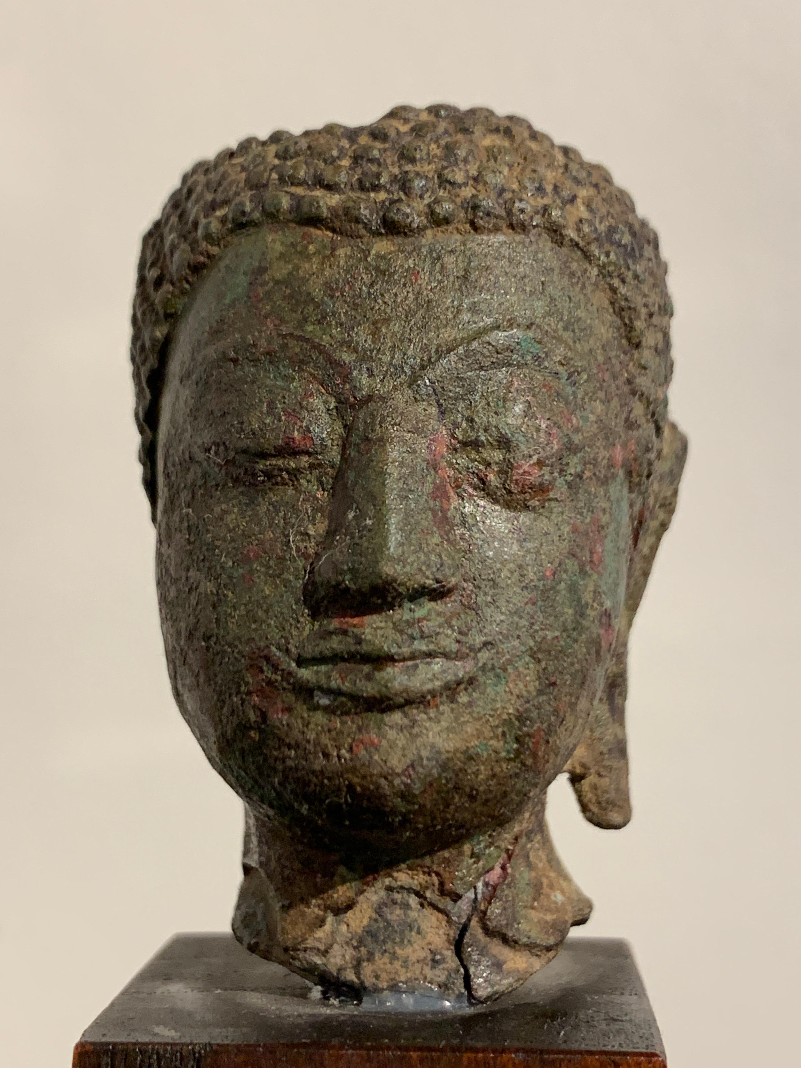 Small Thai Sukhothai Bronze Buddha Head, Kamphaeng Phet Style, 15th Century 1