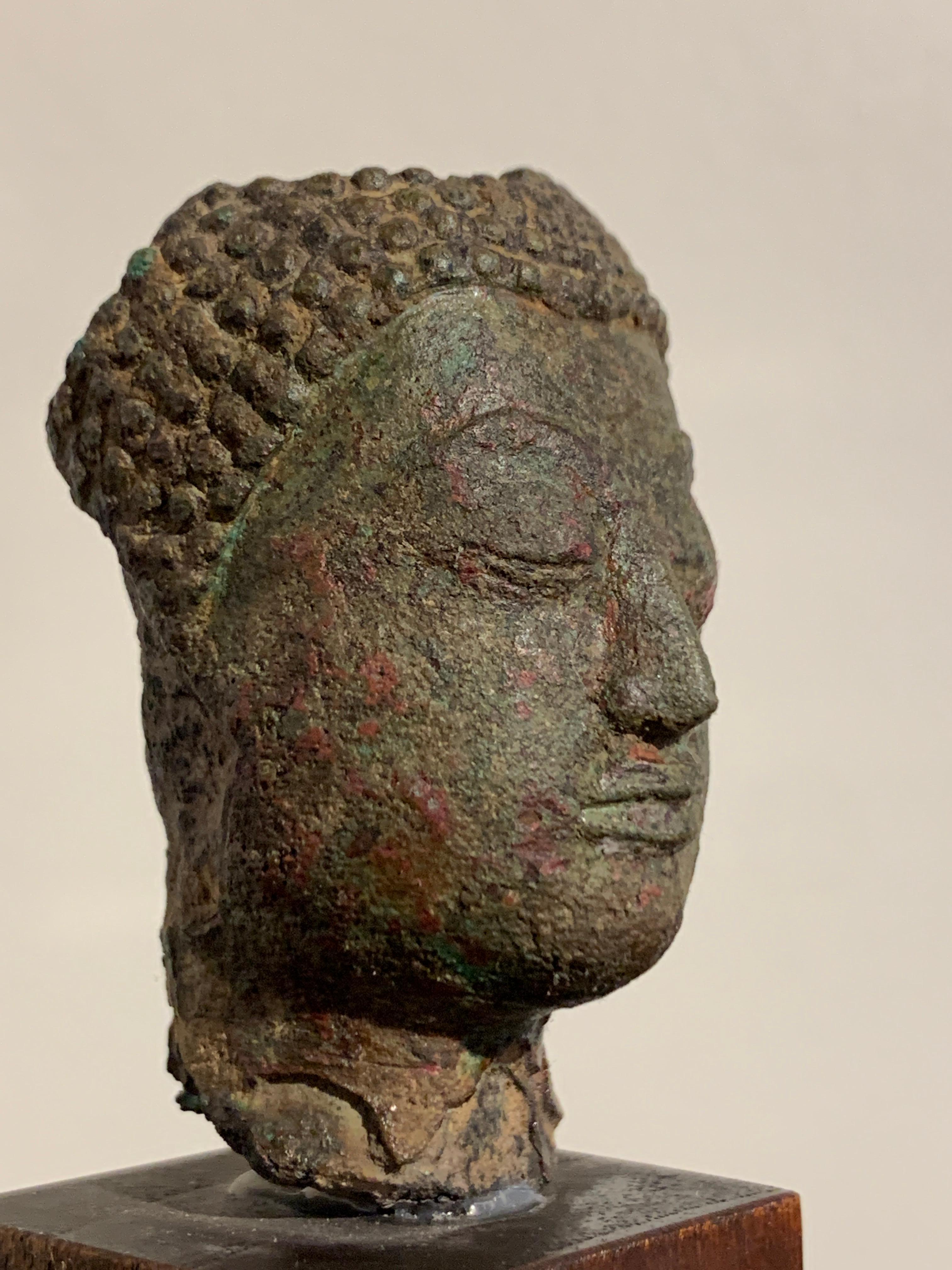 Small Thai Sukhothai Bronze Buddha Head, Kamphaeng Phet Style, 15th Century 2