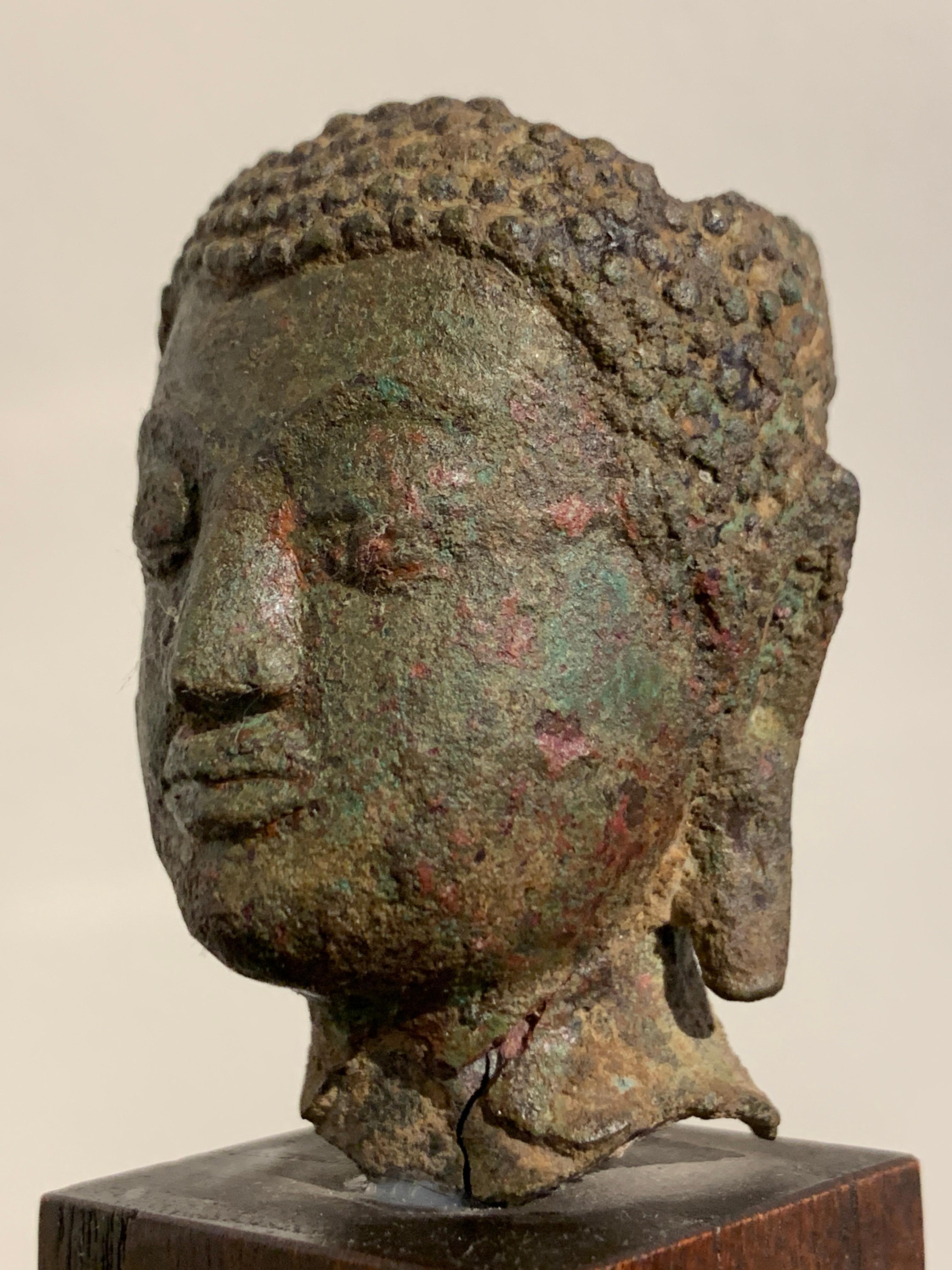 Small Thai Sukhothai Bronze Buddha Head, Kamphaeng Phet Style, 15th Century 3