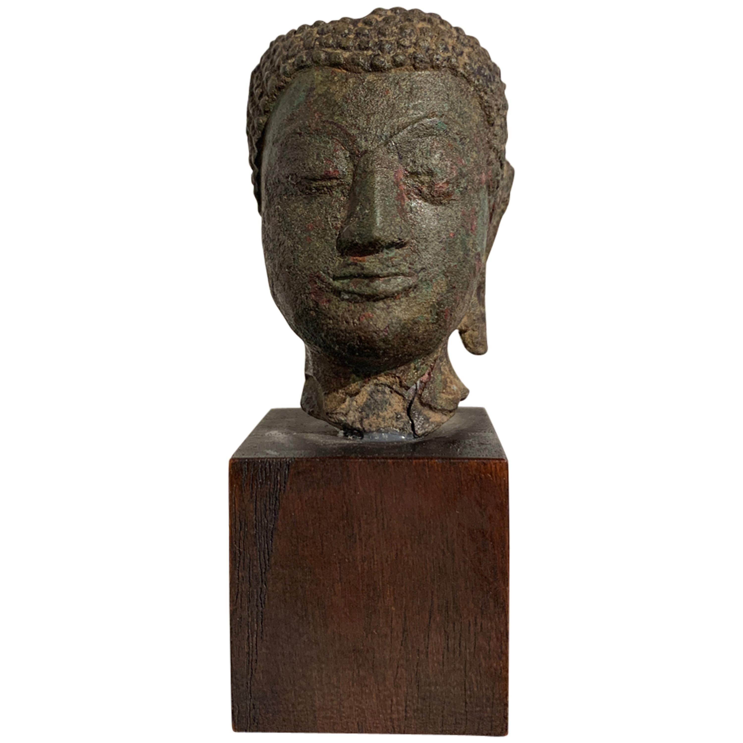 Small Thai Sukhothai Bronze Buddha Head, Kamphaeng Phet Style, 15th Century