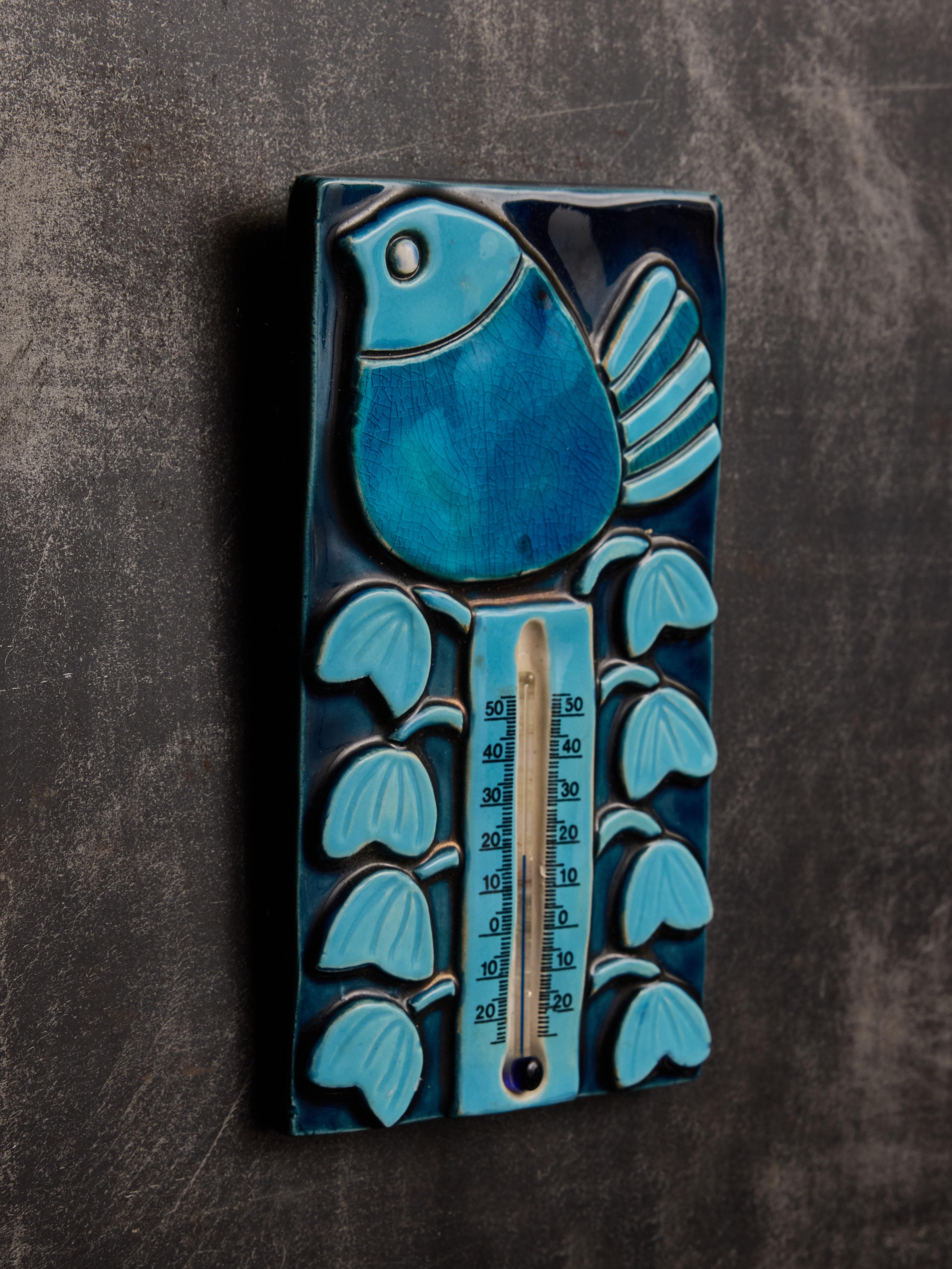 Mid-Century Modern Small Thermometer in Ceramic By Mithe Espelt with Bird decor For Sale