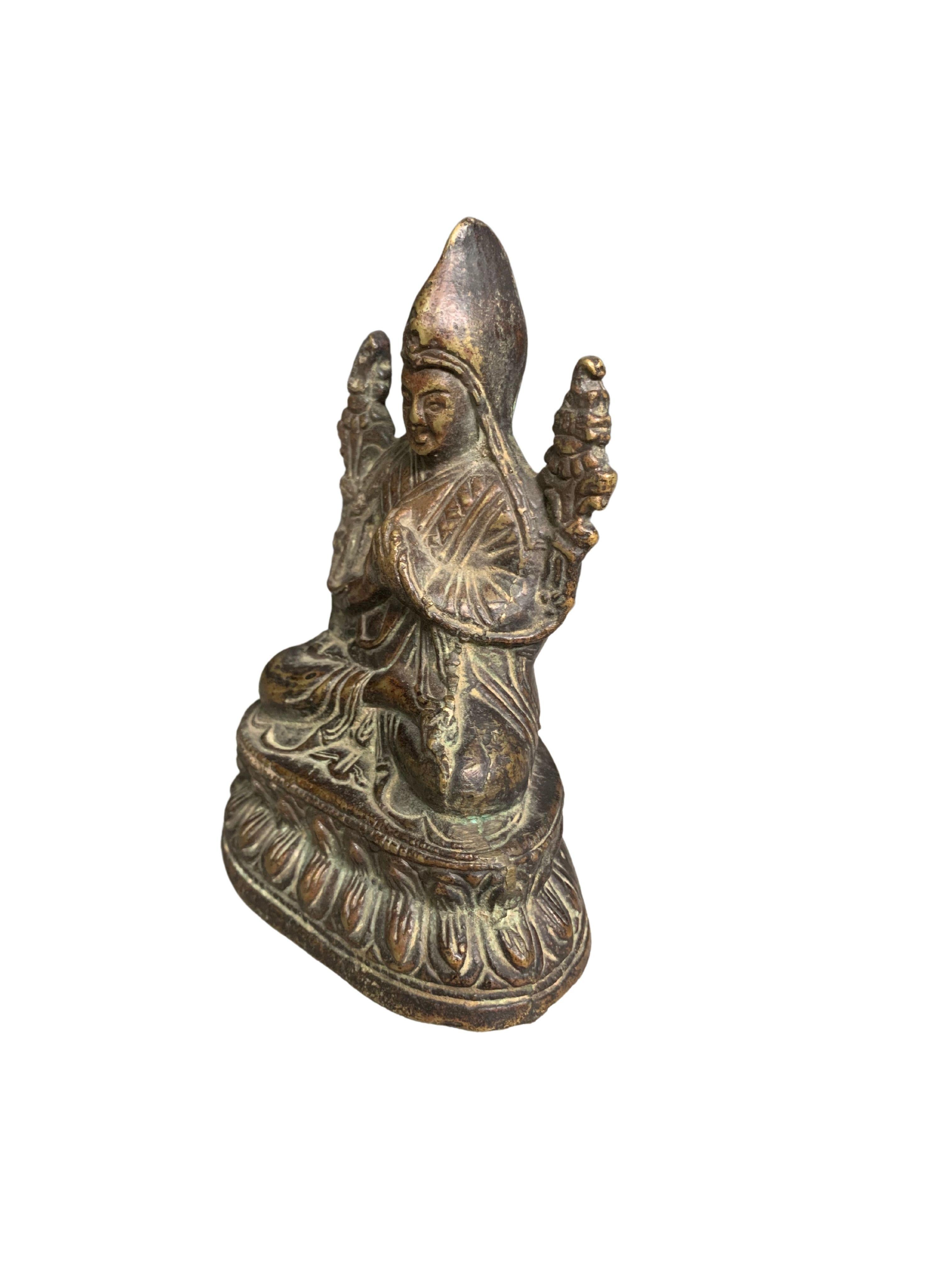 Cast Small Tibetan Seated Buddha from Bronze, c. 1850 For Sale