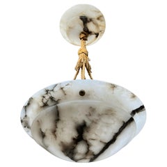 Small & Timeless Alabaster and Bronze French Art Deco Pendant Light / Chandelier
